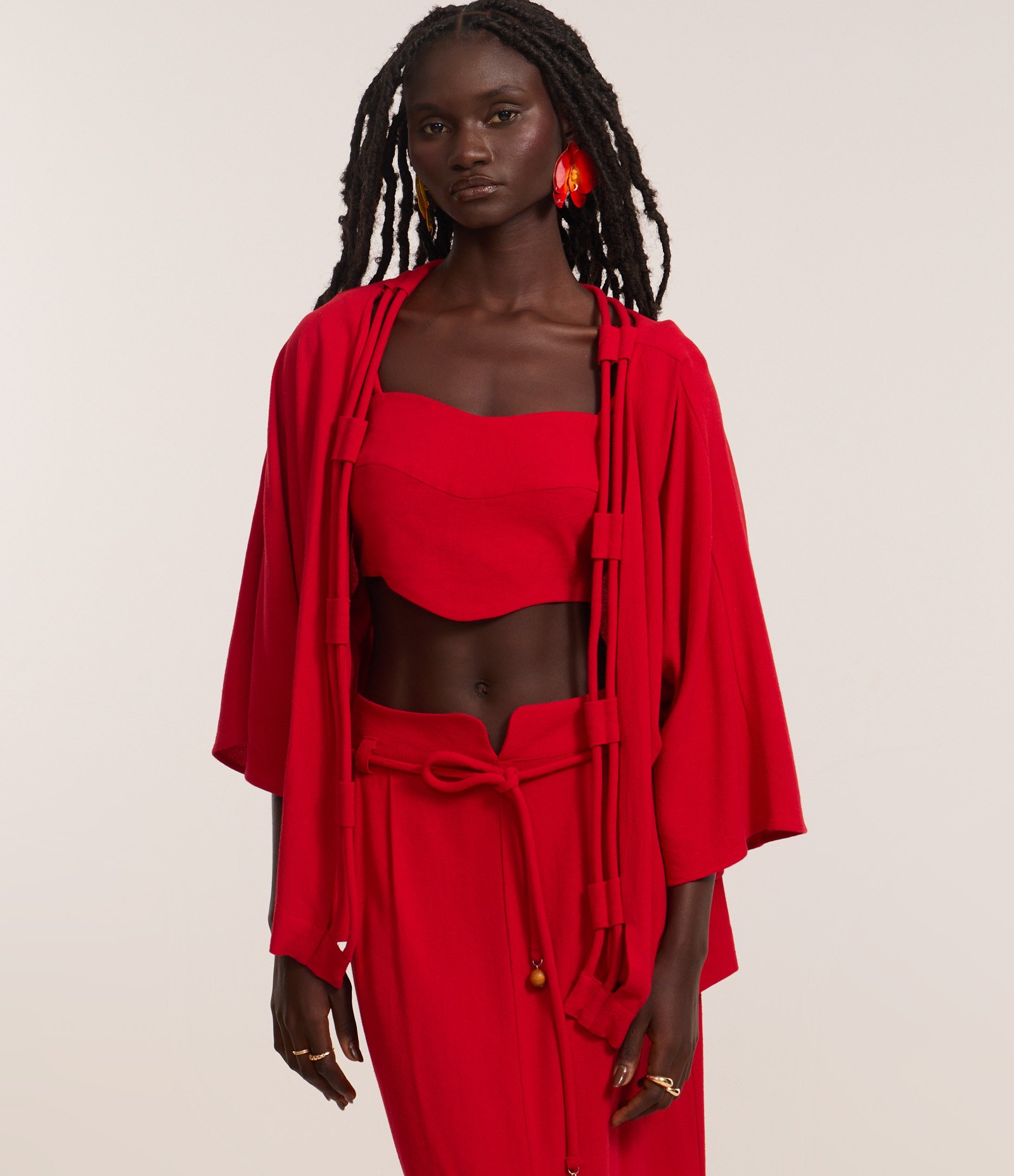 Kimono Alongado em Viscolinho com Cordas Duplas Vermelho 1