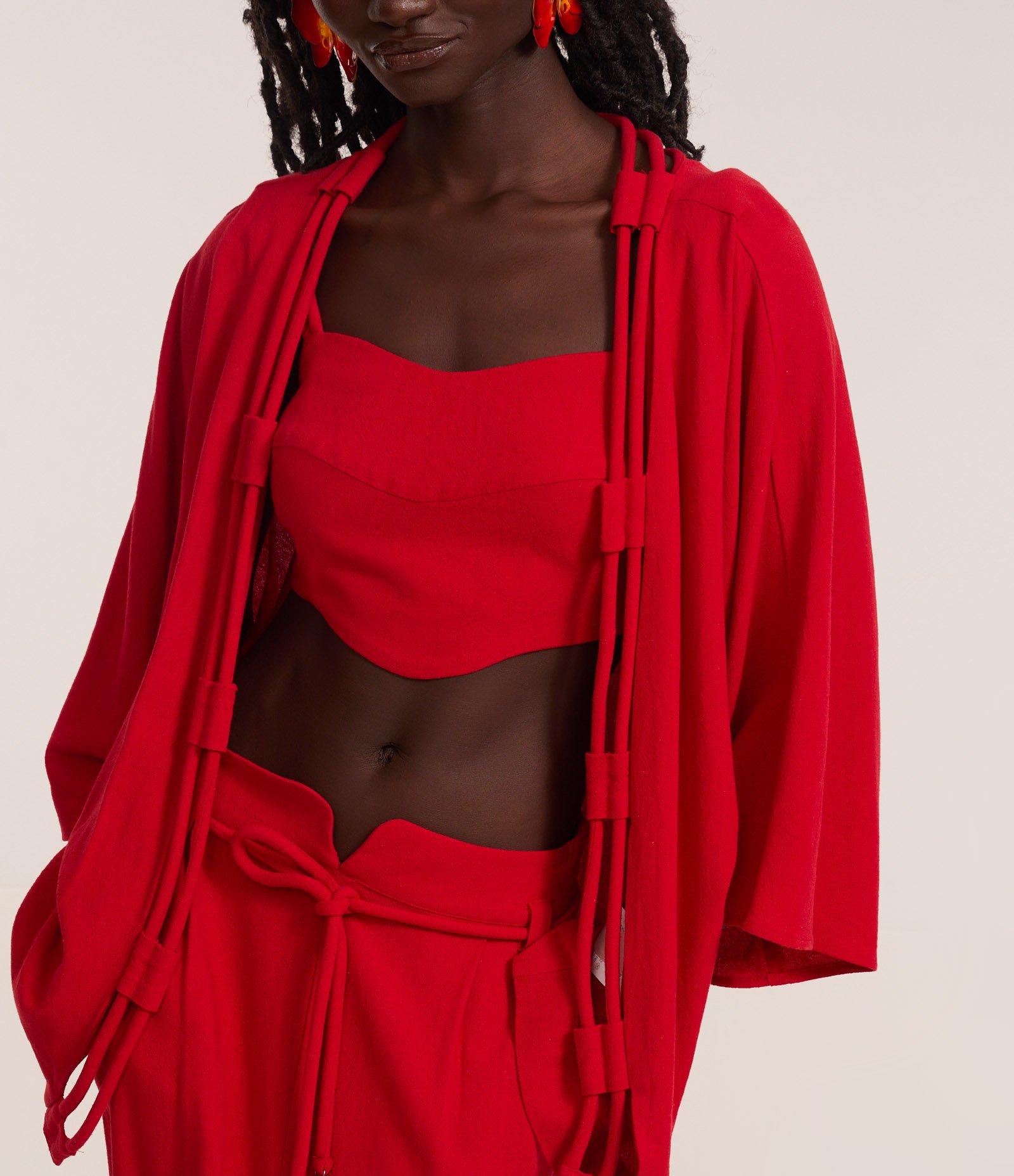 Kimono Alongado em Viscolinho com Cordas Duplas Vermelho 3