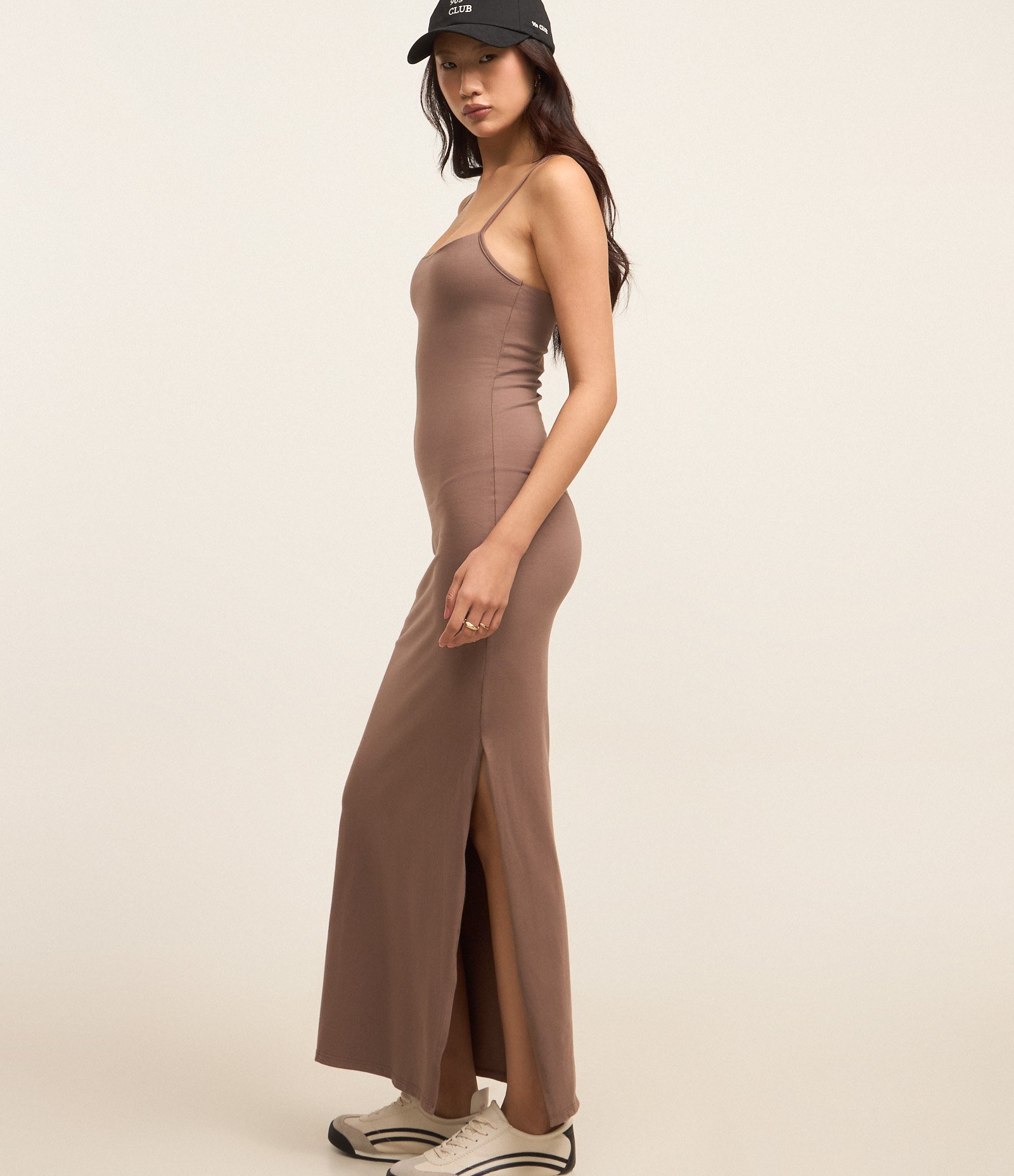 Vestido Longo em Cotton com Fenda na Lateral Marrom Claro 4