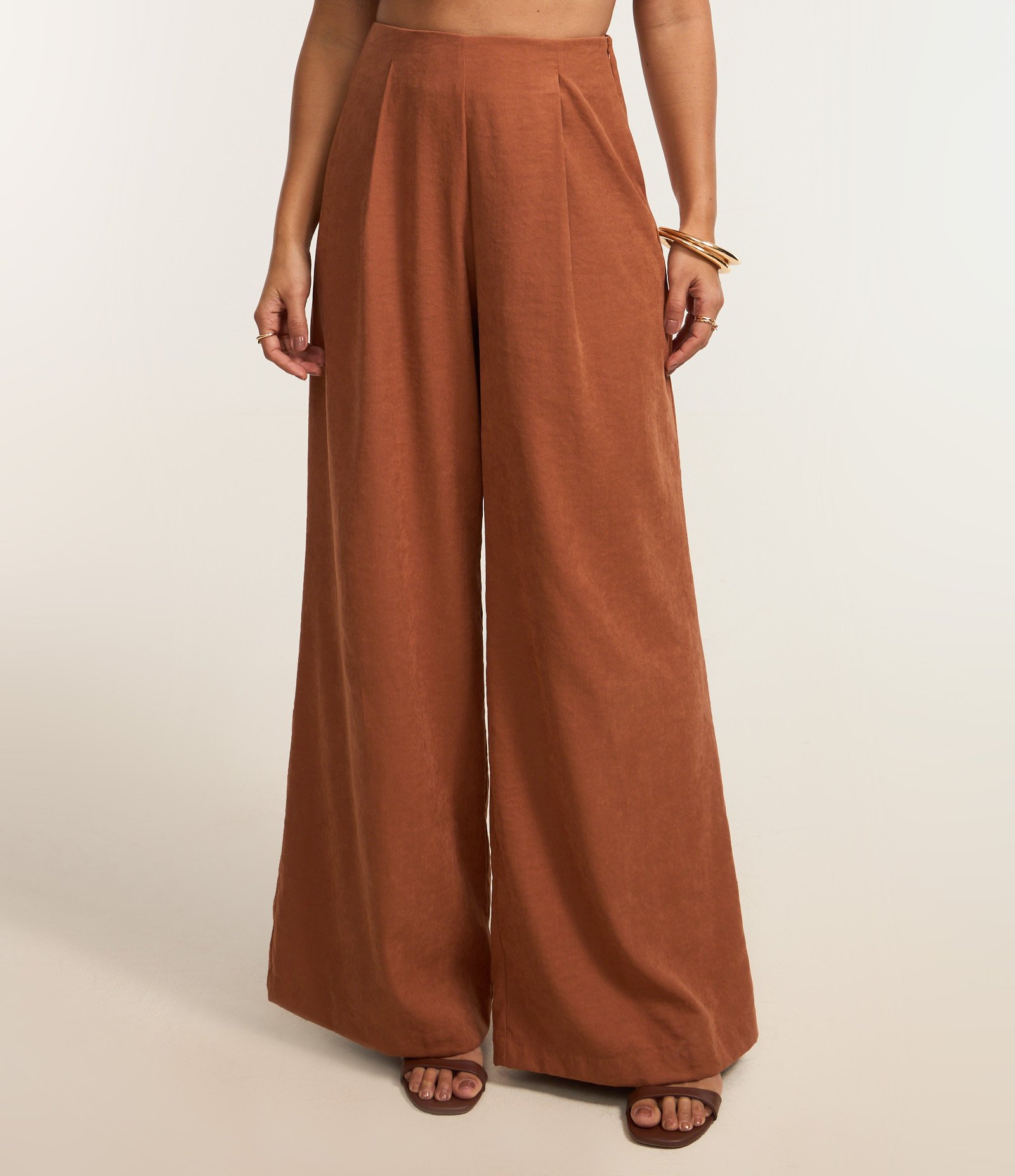 Calça Pantalona Alfaiatada com Pregas Frontais Marrom 3