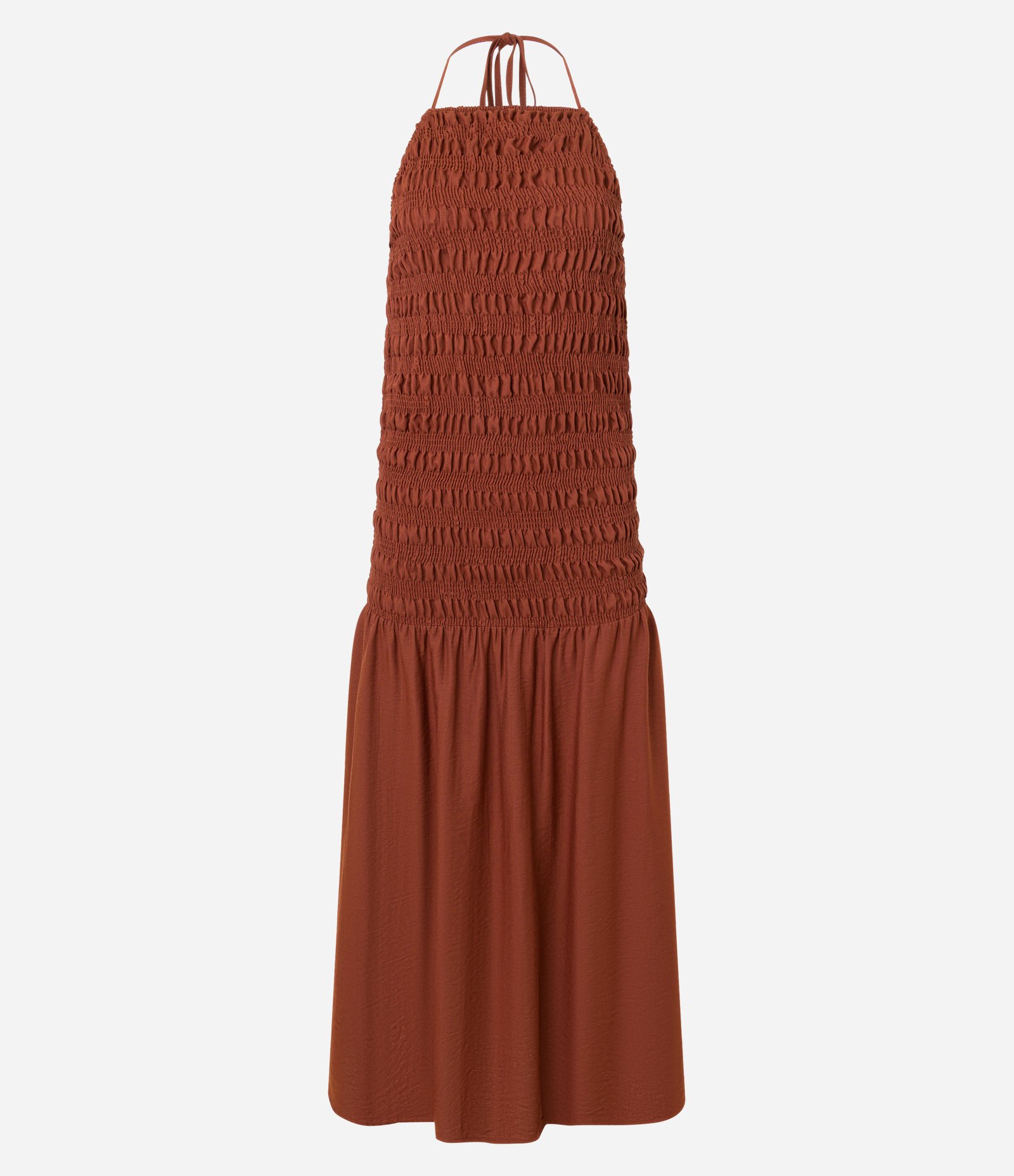 Vestido New Midi em Lastex com Gola Halter e Babado Marrom 7