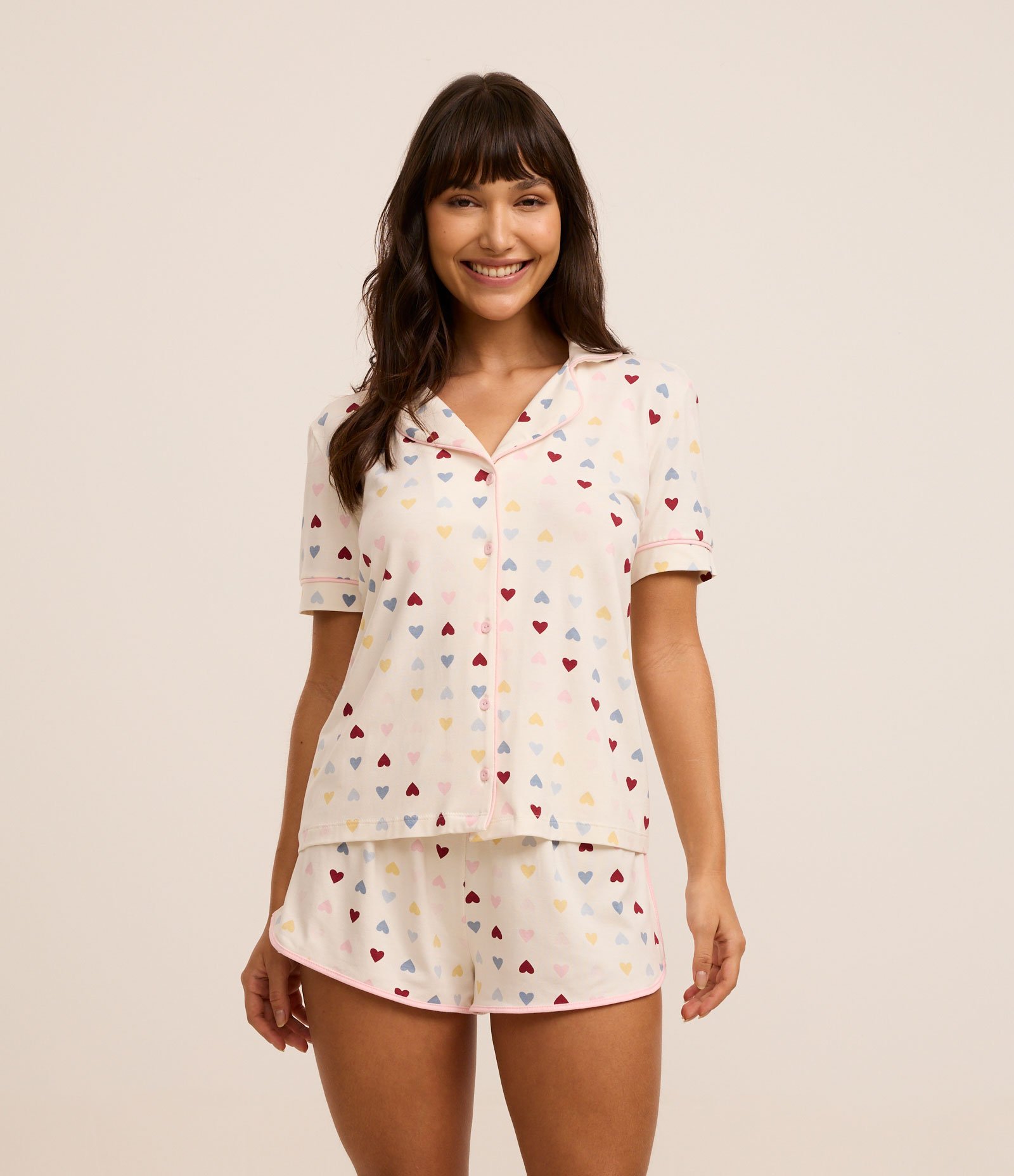 Pijama Americano Curto em Viscose com Estampa de Corações Off White 2