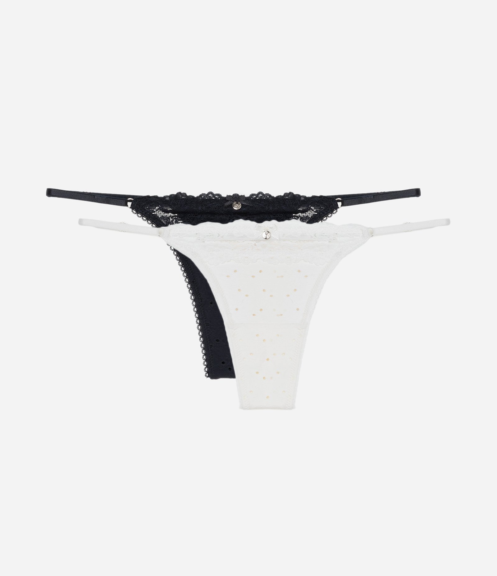 Kit 02 Calcinhas String Fio Duplo com Textura Furadinha e Detalhe de Renda Preto/Branco 1