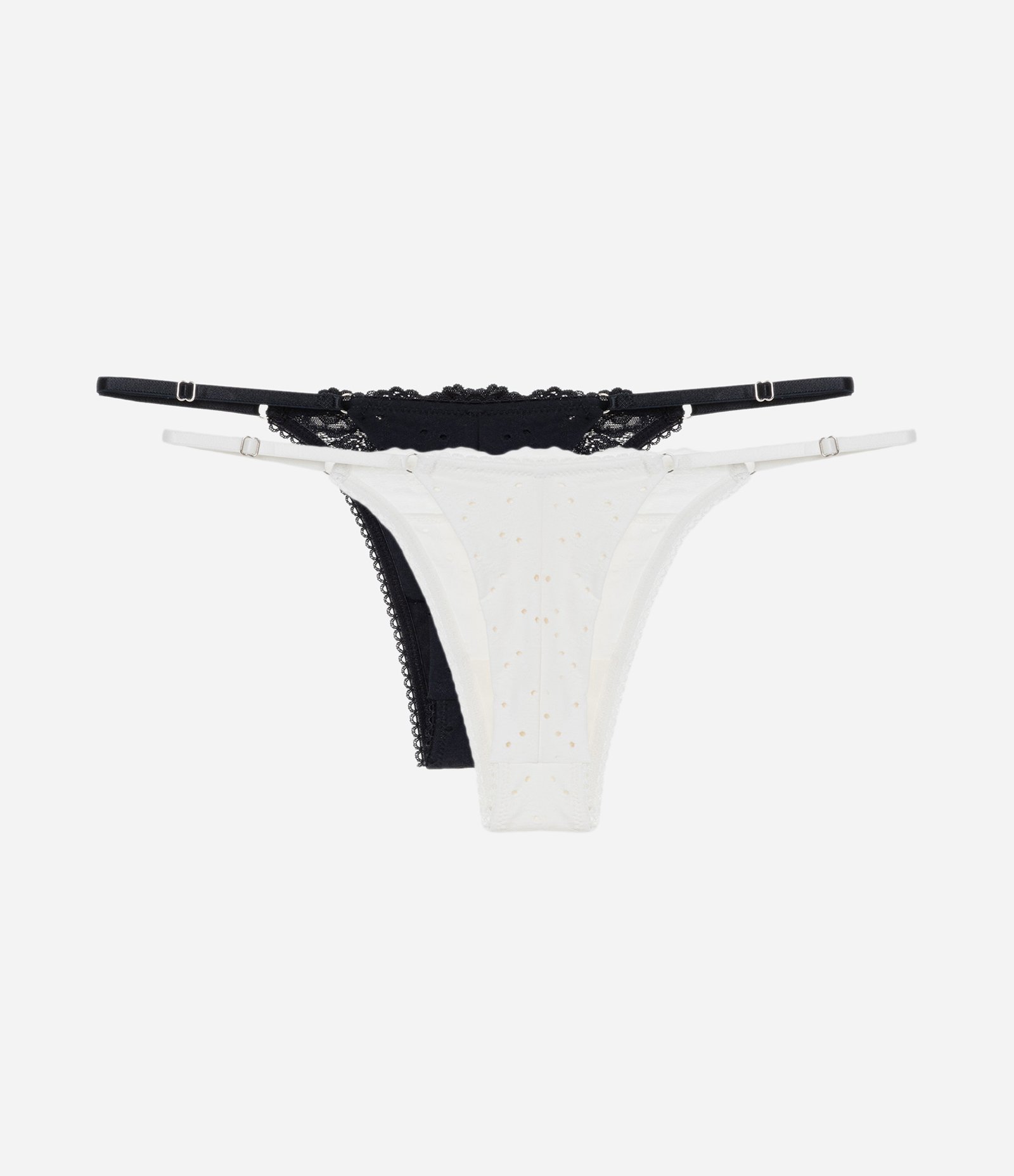 Kit 02 Calcinhas String Fio Duplo com Textura Furadinha e Detalhe de Renda Preto/Branco 2