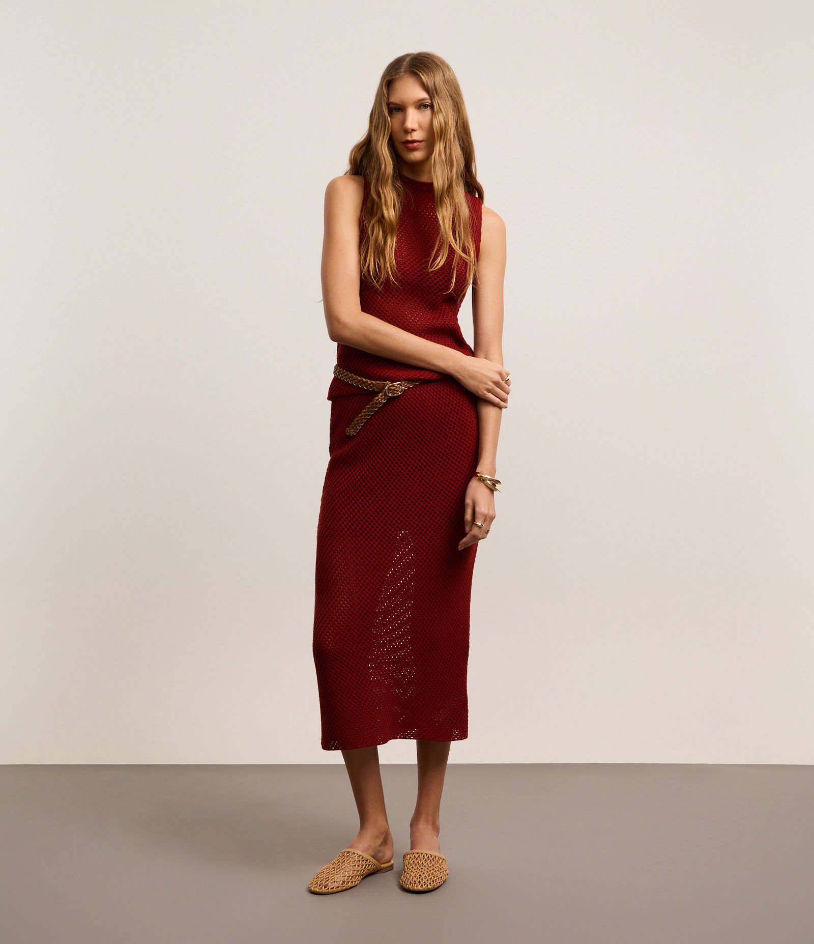 Saia Reta Longa em Tricô com Ponto Vazado Bordô 1