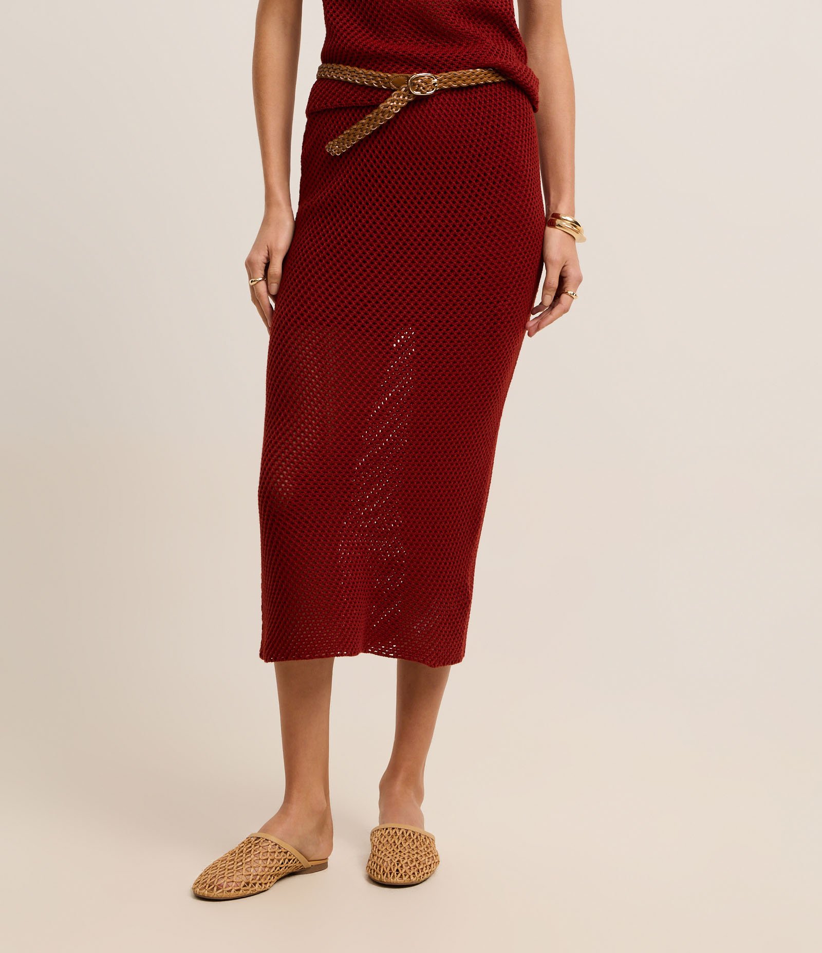 Saia Reta Longa em Tricô com Ponto Vazado Bordô 3
