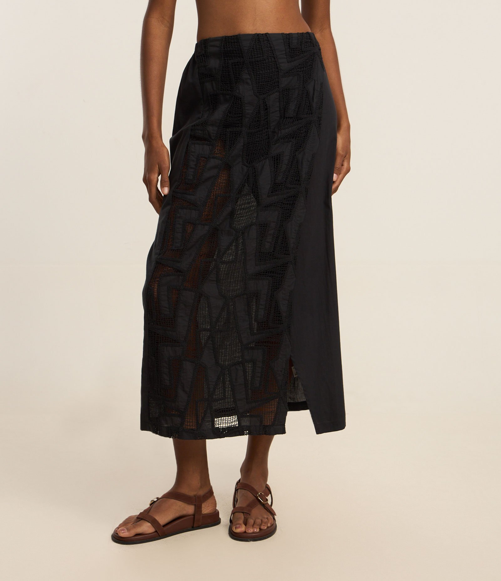 Saída de Praia Saia Midi com Sobreposição de Laise Preto 2