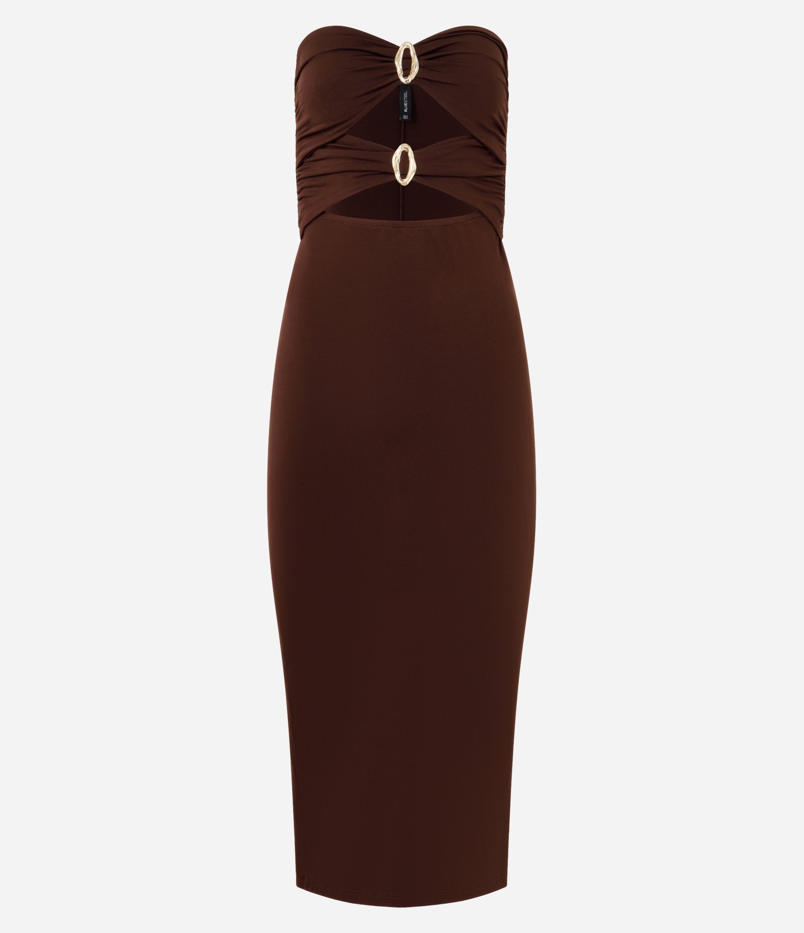 Vestido New Midi sem Alças com Recortes e Detalhes Metalizados Marrom 6