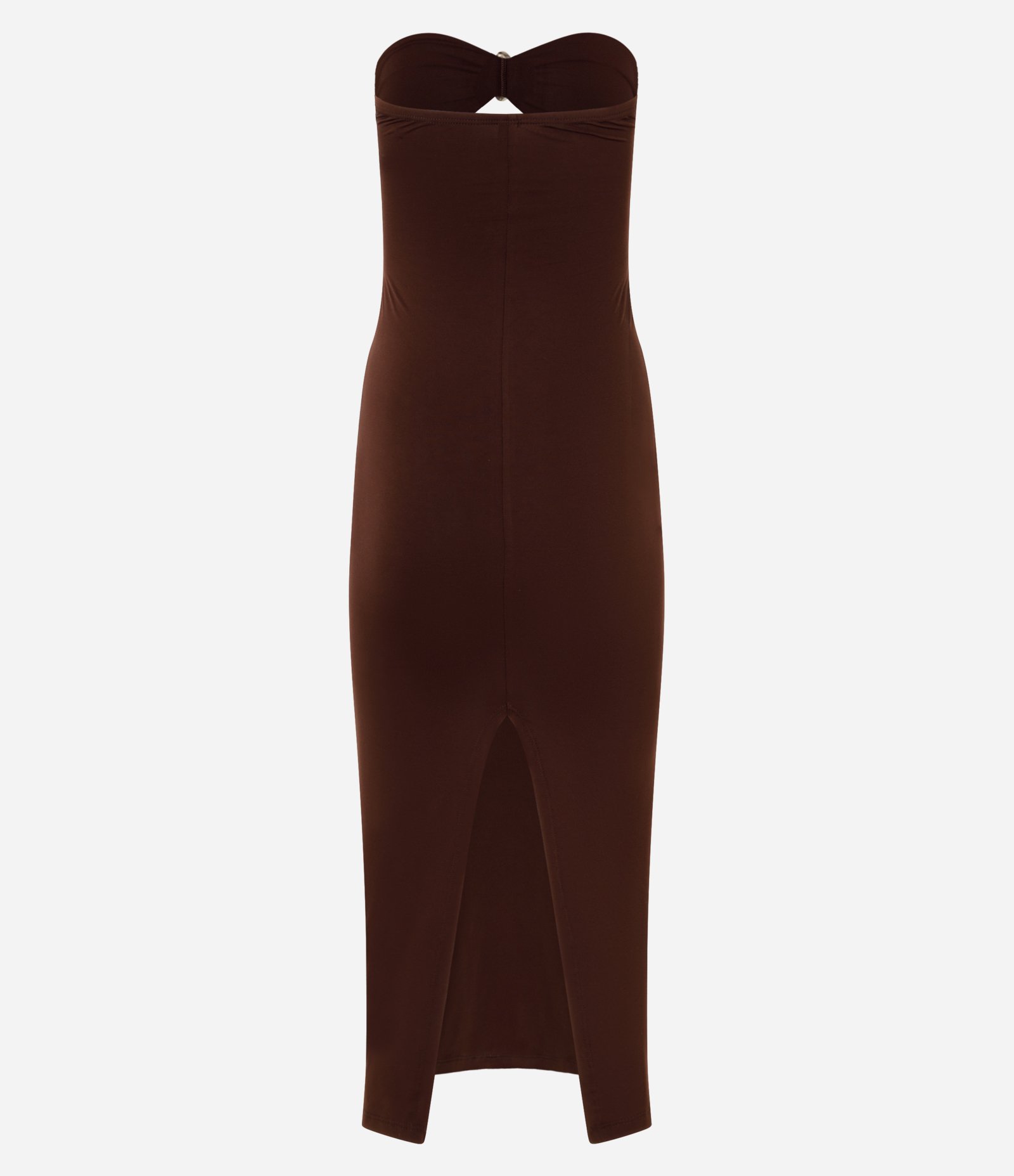 Vestido New Midi sem Alças com Recortes e Detalhes Metalizados Marrom 7