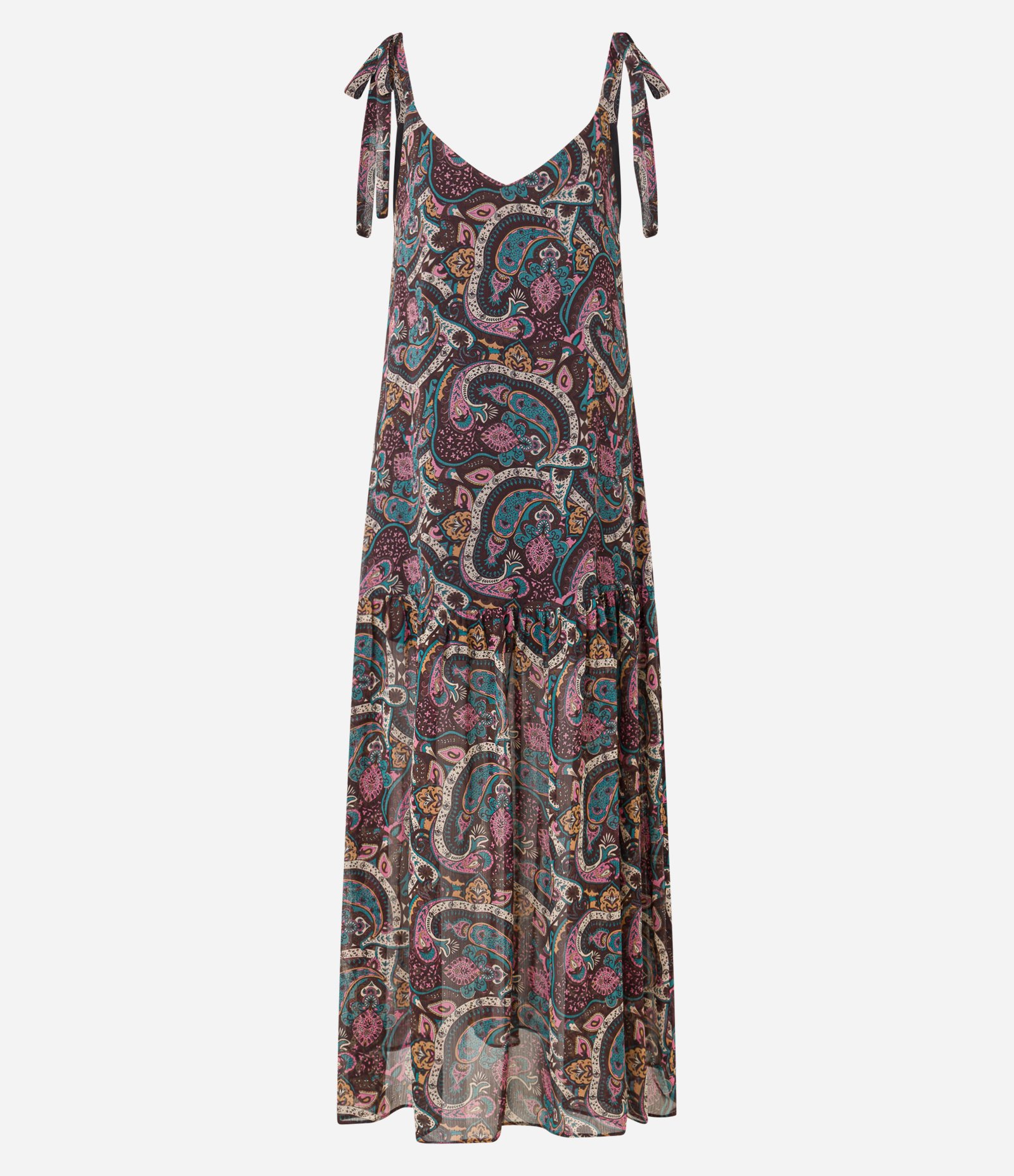 Vestido Longo em Chiffon com Laço no Ombro e Estampa Paisley Marrom 9