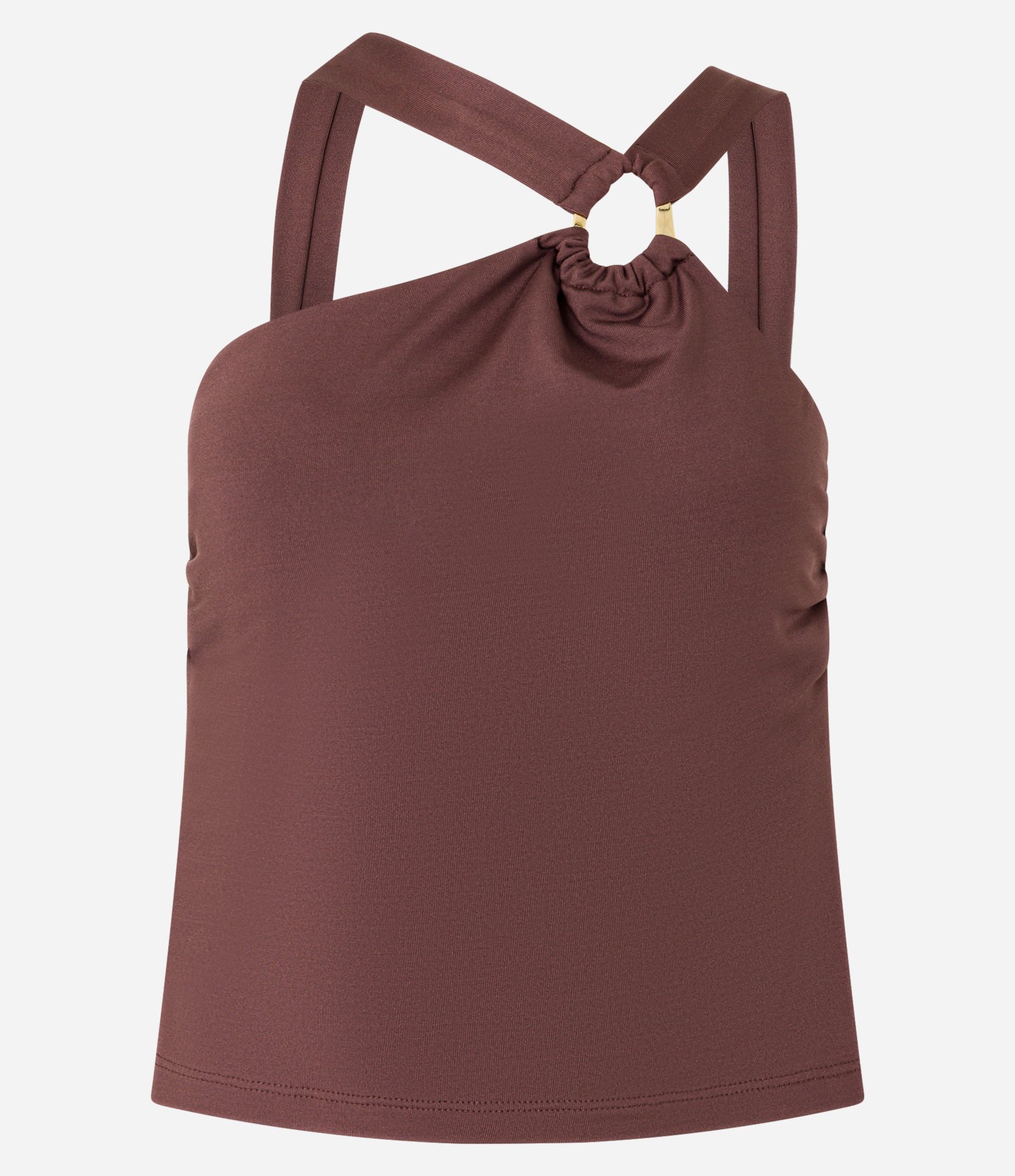 Blusa Cropped com Decote Assimétrico e Argola em Formato Orgânico Marrom 6