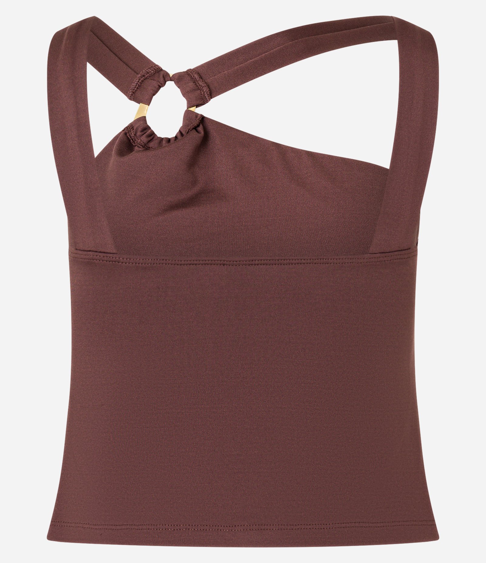 Blusa Cropped com Decote Assimétrico e Argola em Formato Orgânico Marrom 7