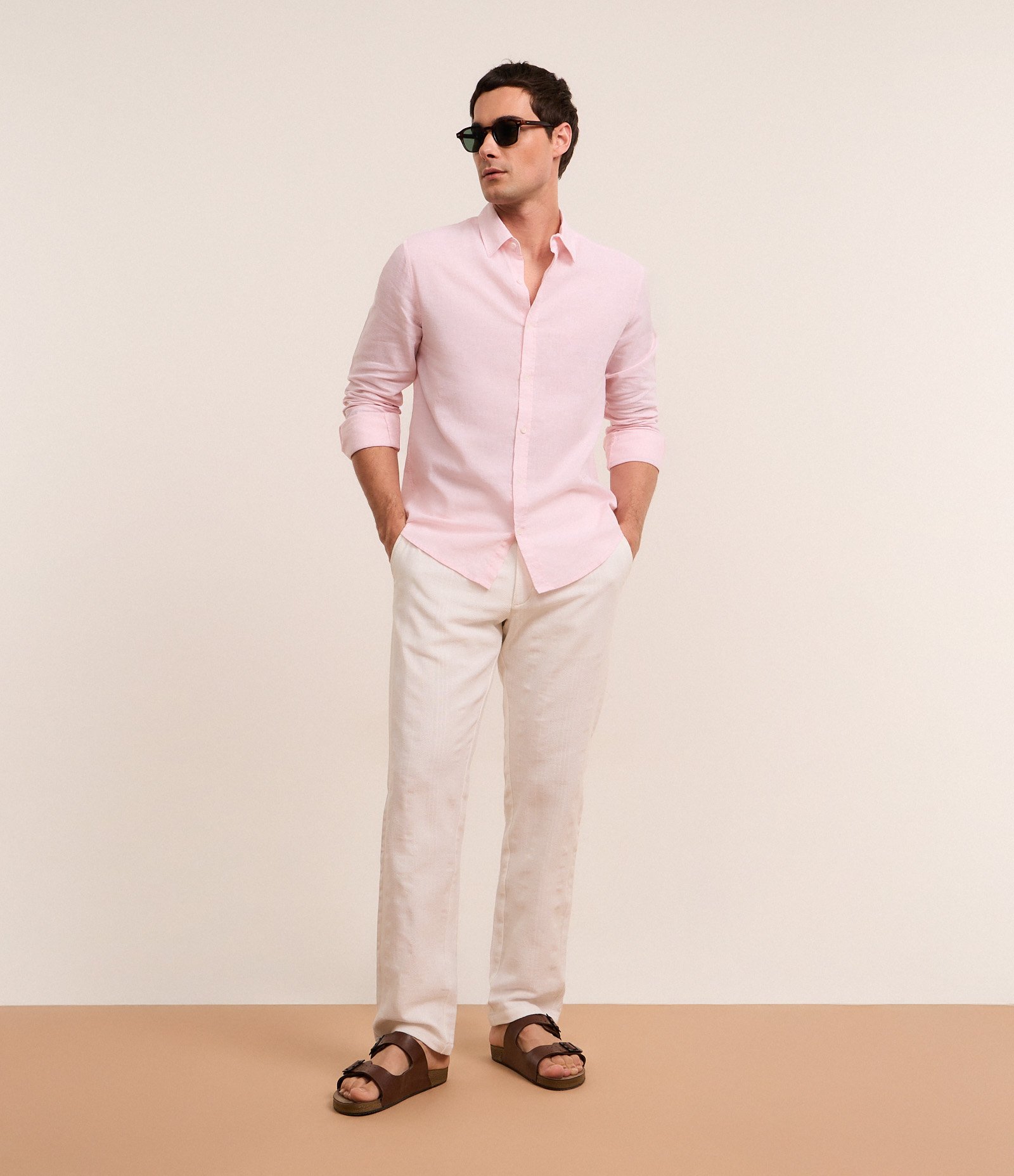 Camisa Regular Básica em Linho com Gola Colarinho Rosa 2