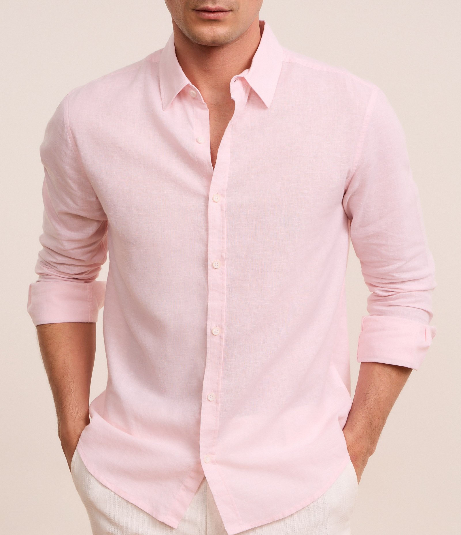 Camisa Regular Básica em Linho com Gola Colarinho Rosa 3