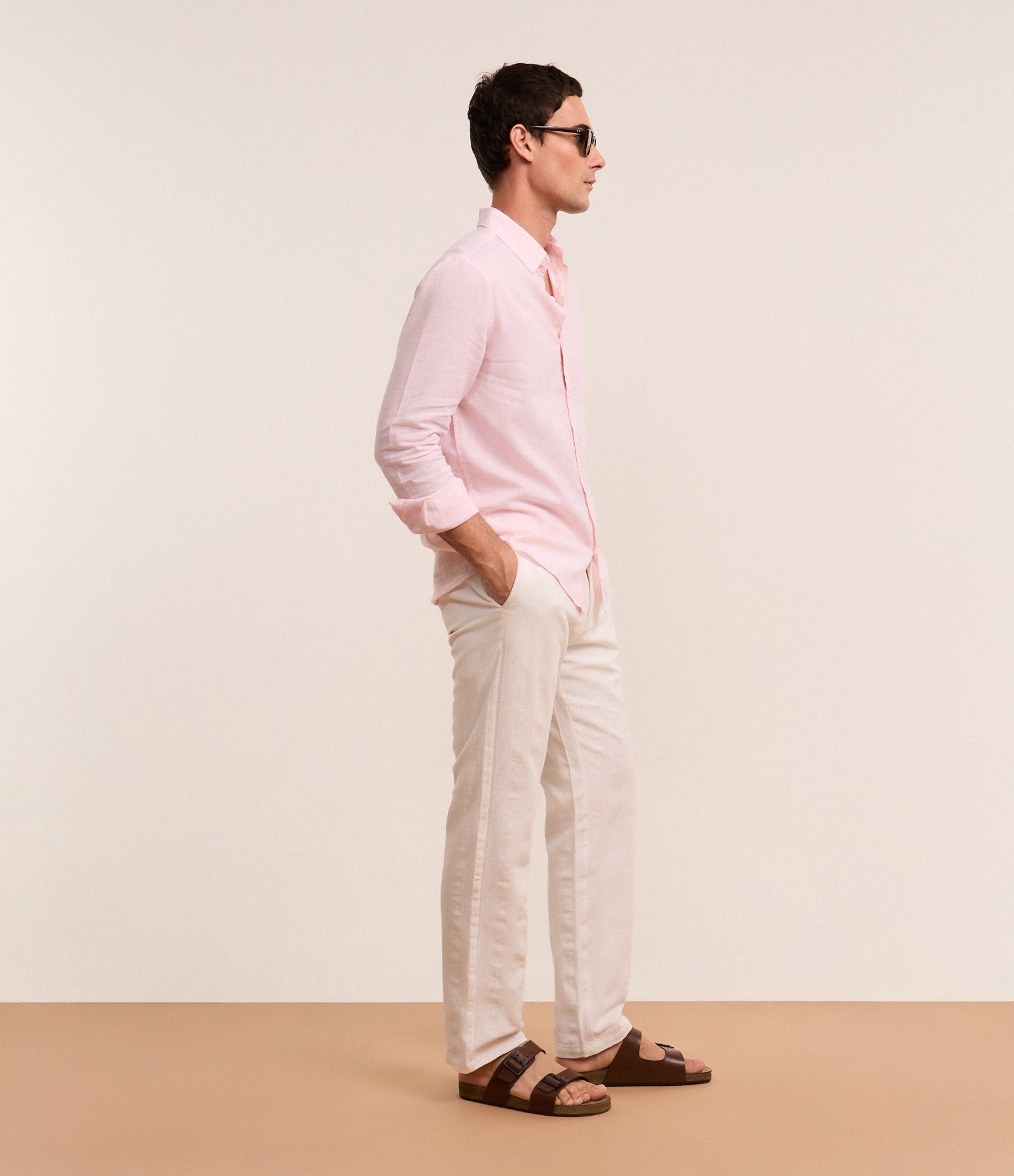 Camisa Regular Básica em Linho com Gola Colarinho Rosa 4