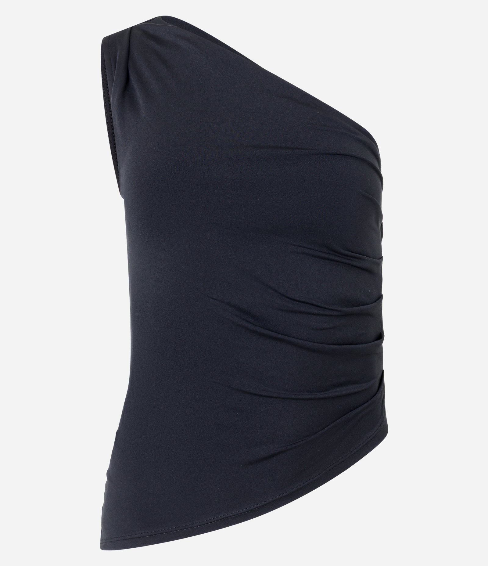 Blusa Ombro Só em Jersey com Barra Assimétrica e Franzidos Preto 4