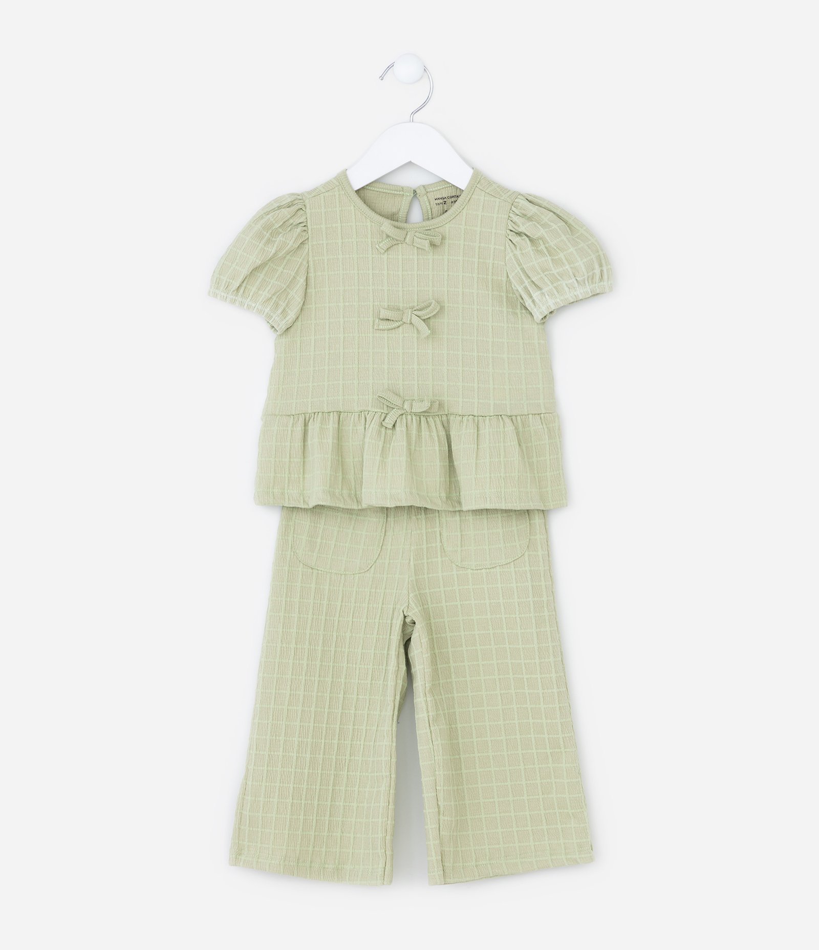 Conjunto Infantil Texturizado com Lacinhos e Calça Wide Leg - Tam 1 a 6 Anos Verde 2