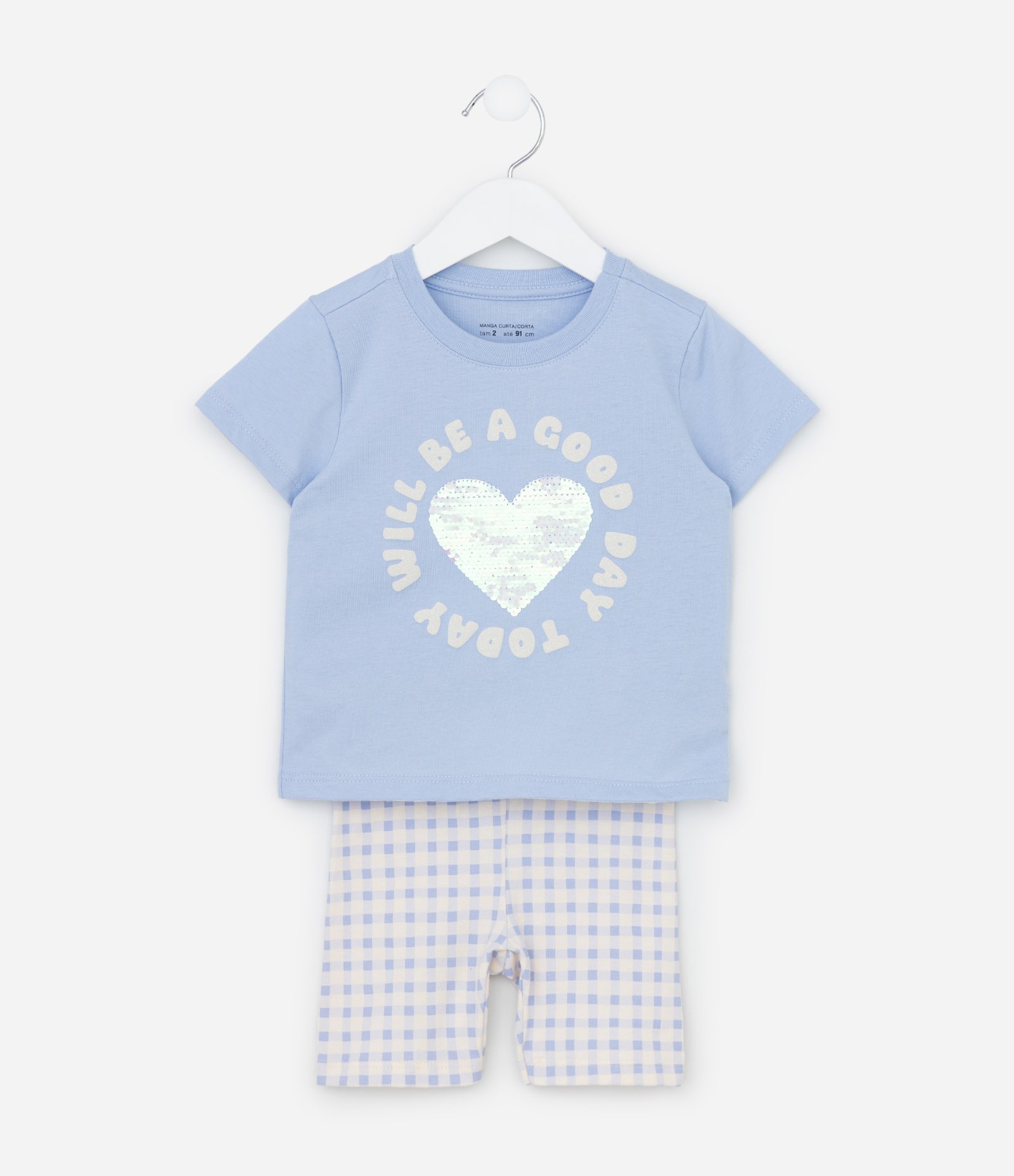 Conjunto Infantil com Coração Bordado em Paetês - Tam 1 a 6 Anos Azul 1