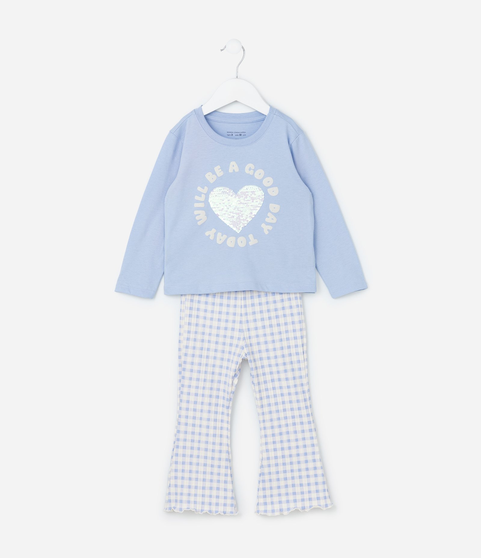 Conjunto Infantil com Coração Bordado em Paetês - Tam 1 a 6 Anos Azul 1