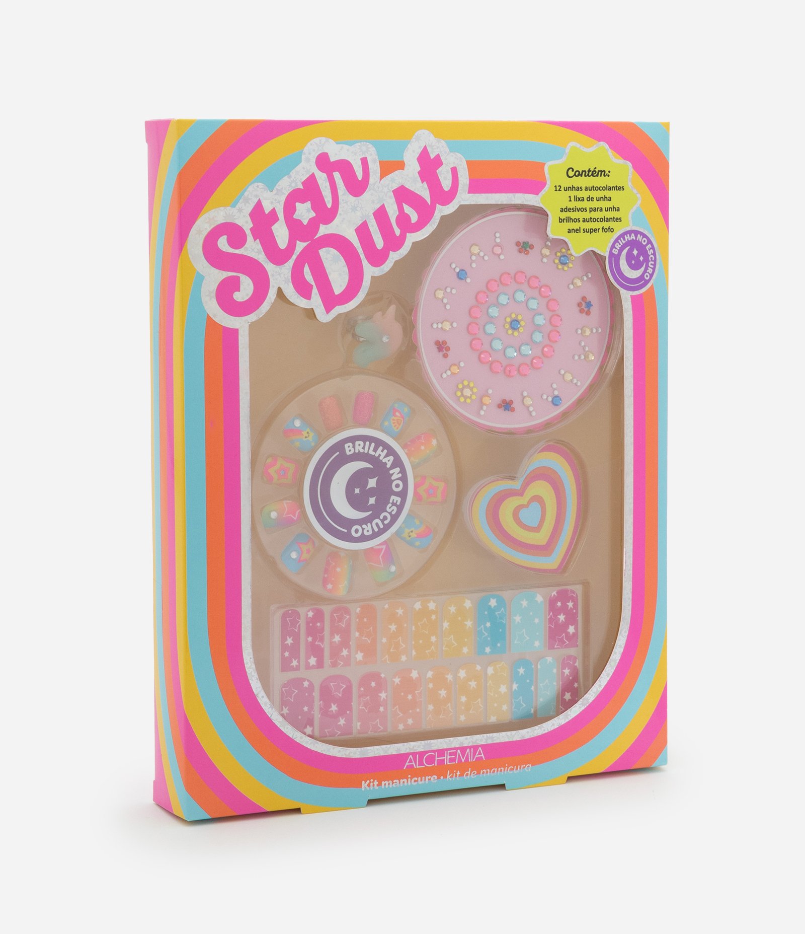 Kit 12 Unhas Postiças 20 Adesivos de Unhas + 1 Cartela de Adesivos + 1 Lixa + 1 Anel Alchemia Multicores 6
