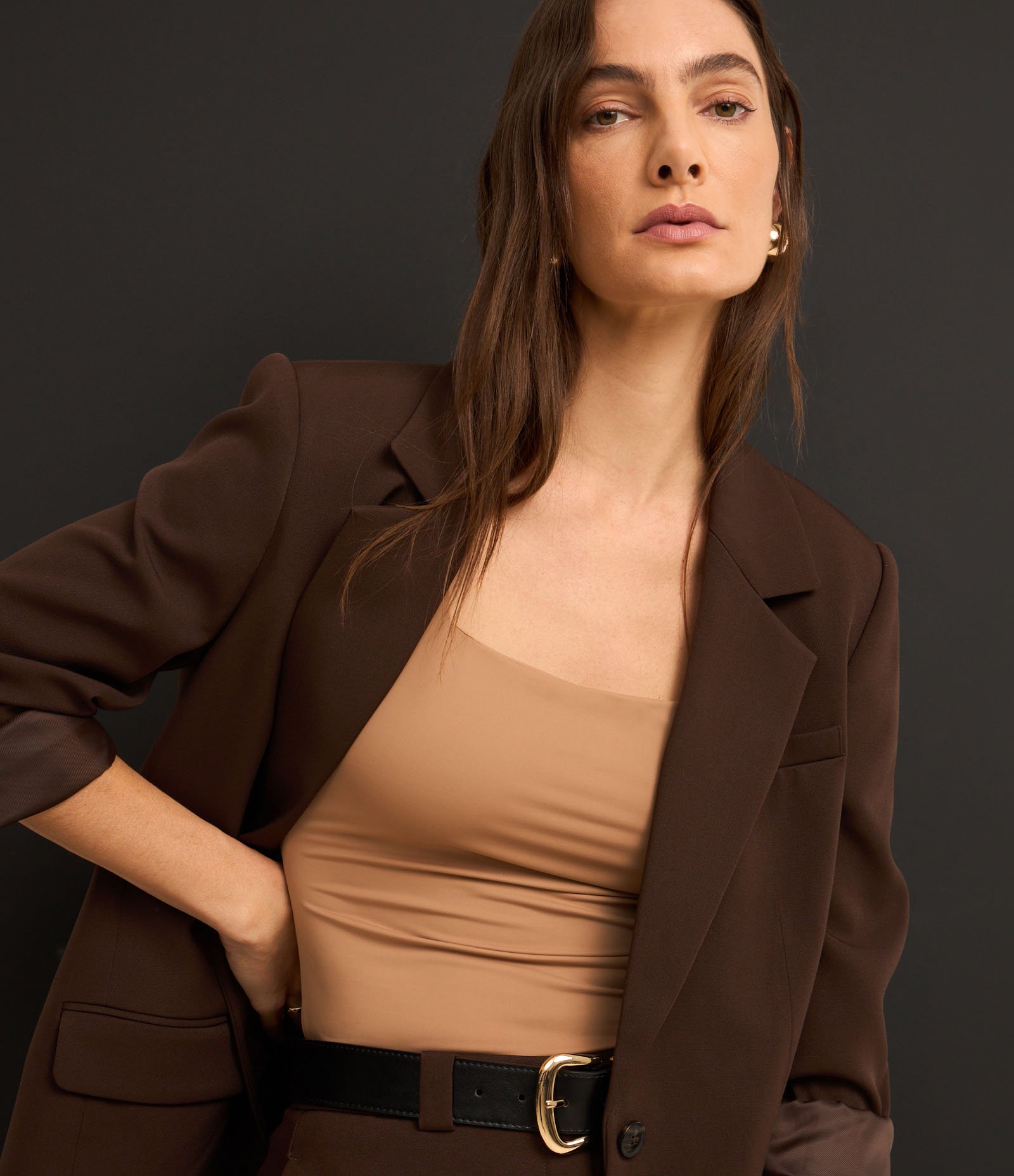 Blusa em Poliamida com Decote Quadrado Bege 6