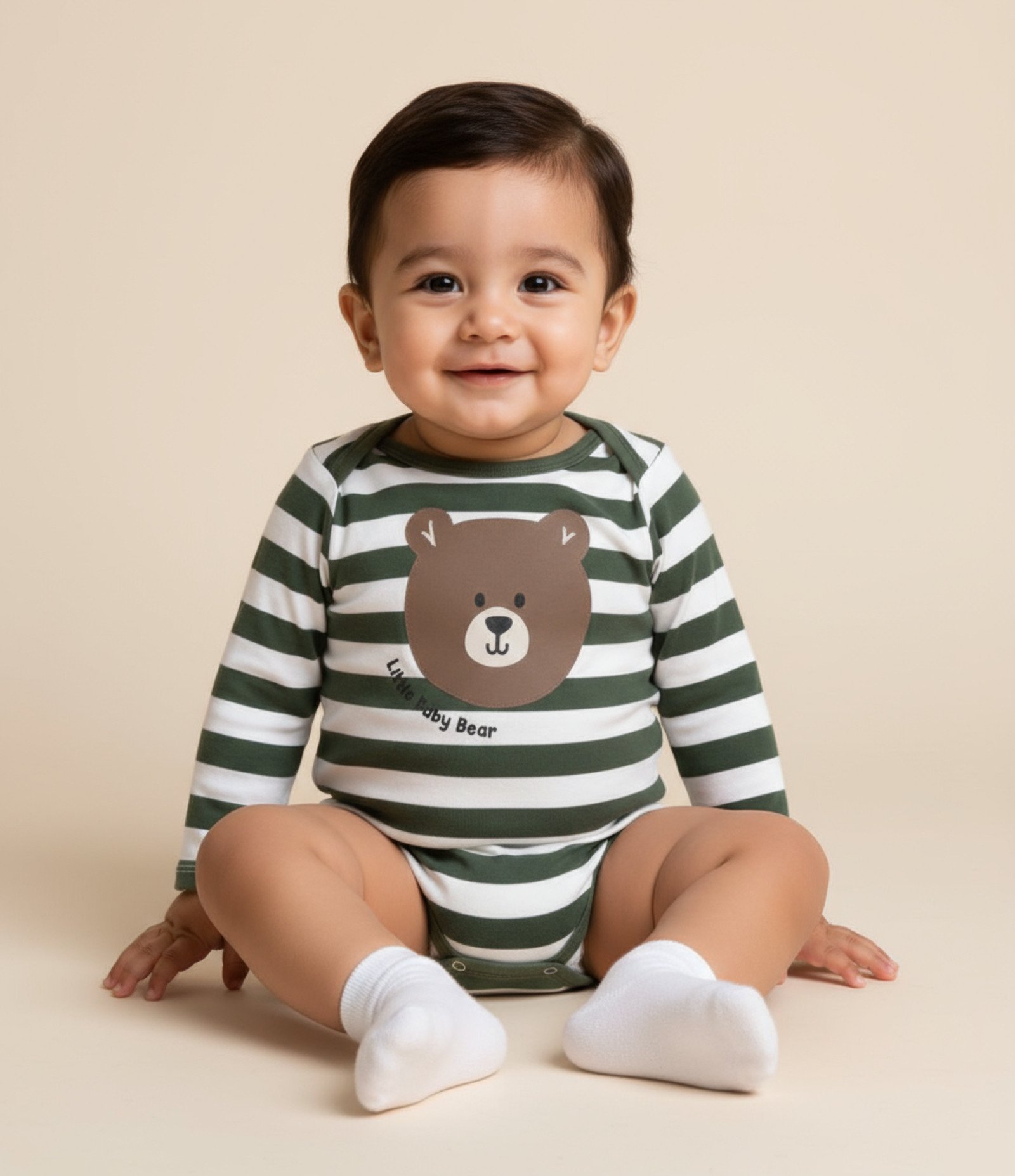 Body Infantil com Estampa Ursinho e Listras - Tam 0 a 18 meses Verde/Branco 1