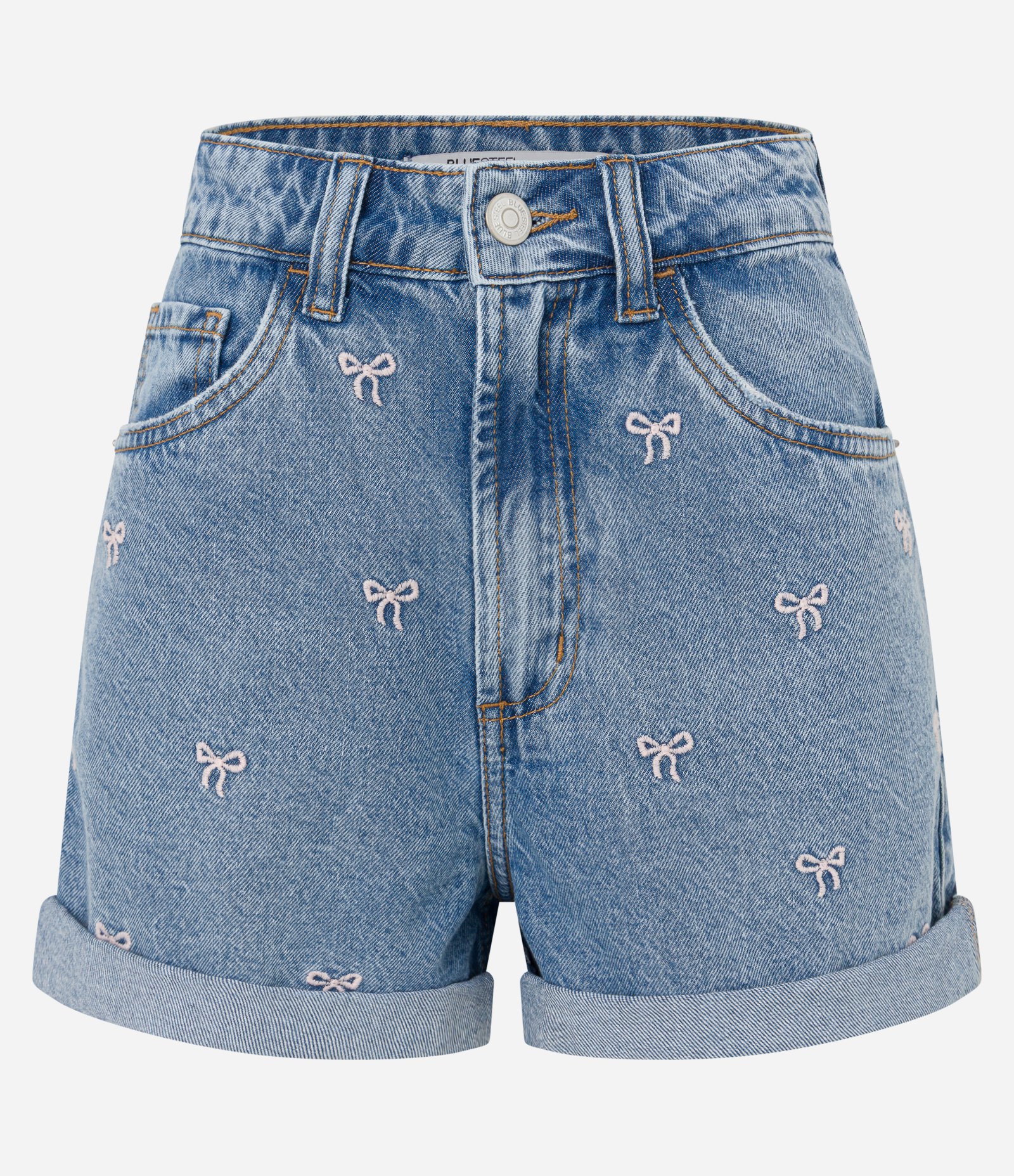 Short Mom em Jeans com Lacinhos Bordados e Barra Dobrada Azul 5