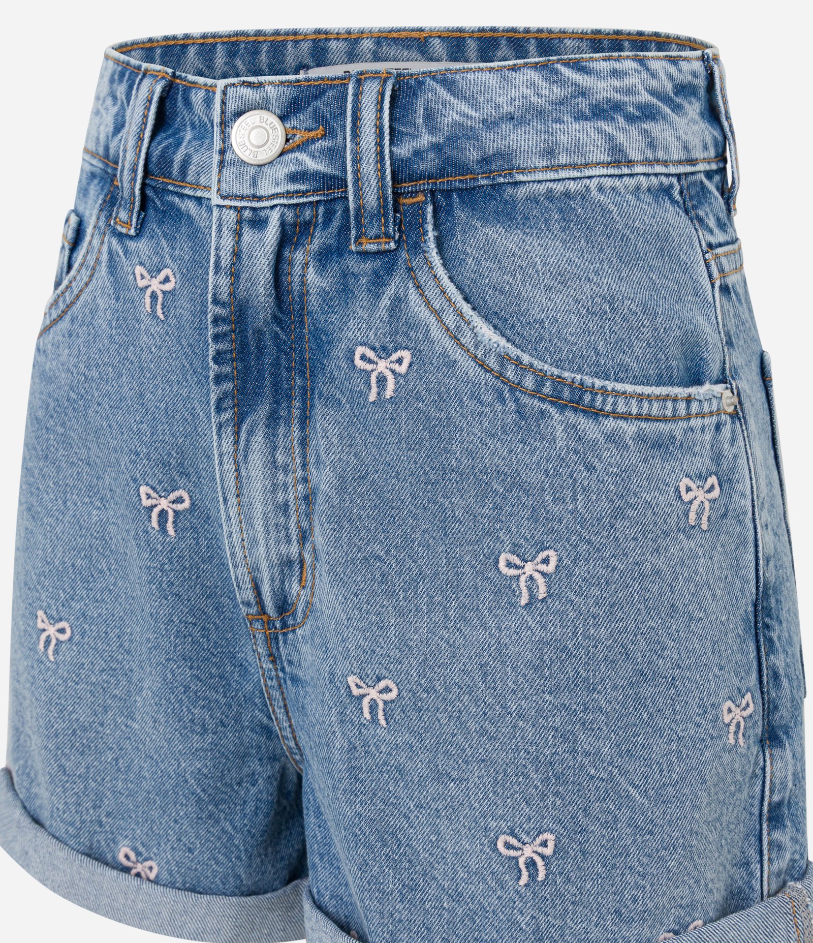 Short Mom em Jeans com Lacinhos Bordados e Barra Dobrada Azul 6