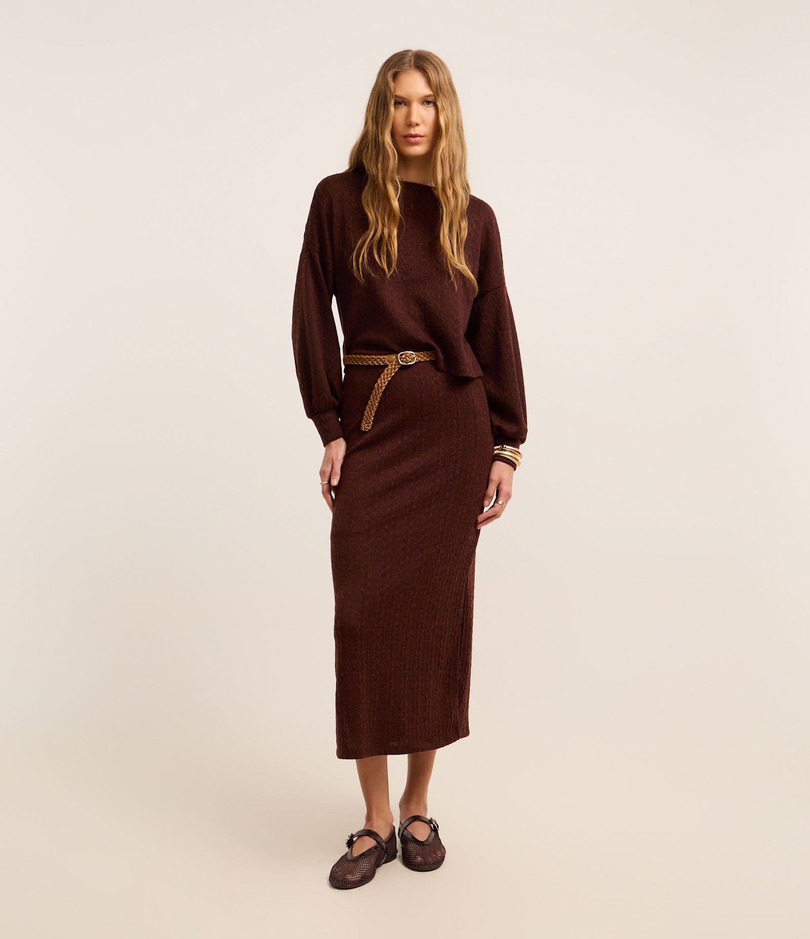 Suéter em Tricô com Ponto Diferenciado eManga Bufante Marrom 2