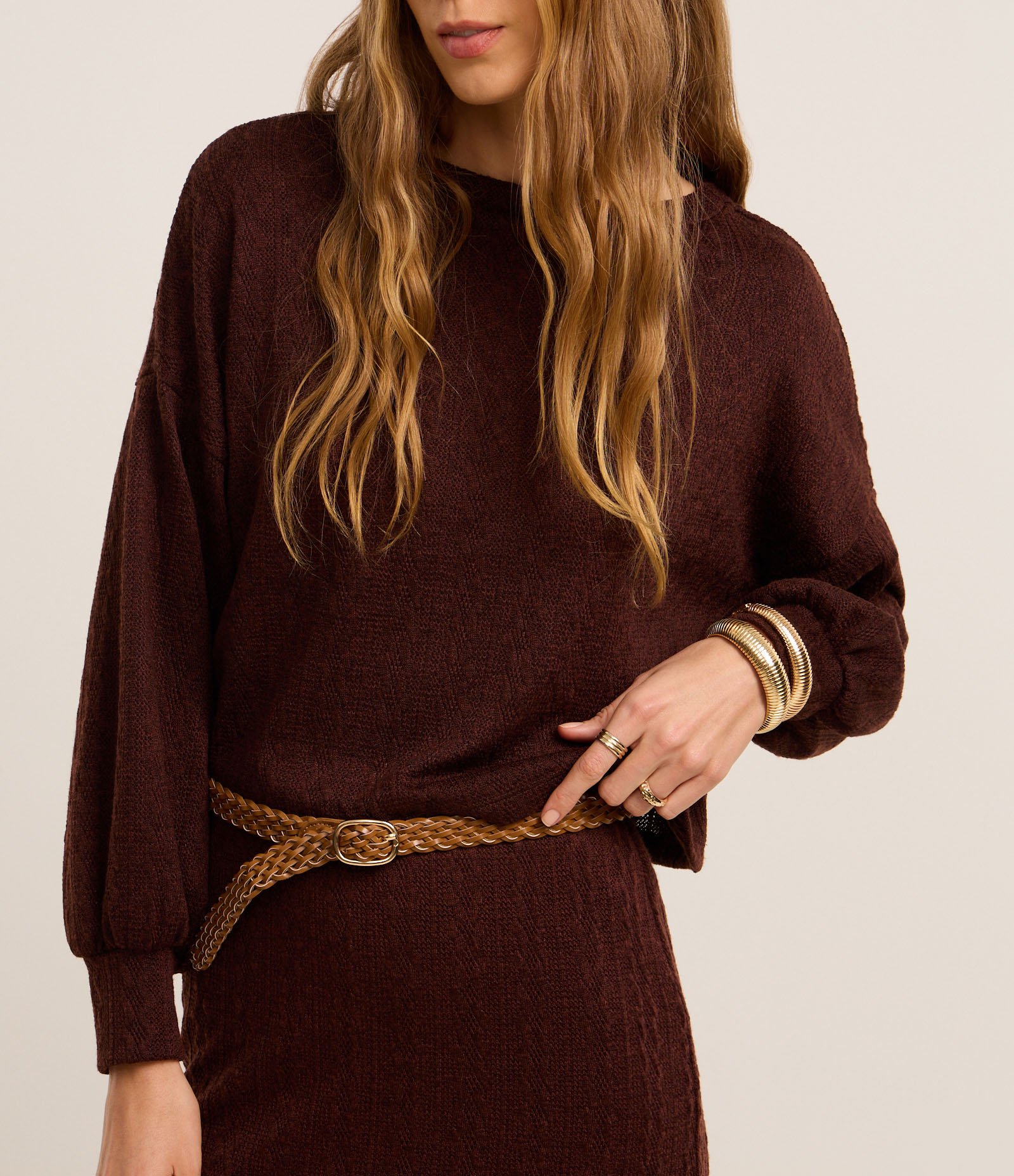 Suéter em Tricô com Ponto Diferenciado eManga Bufante Marrom 4