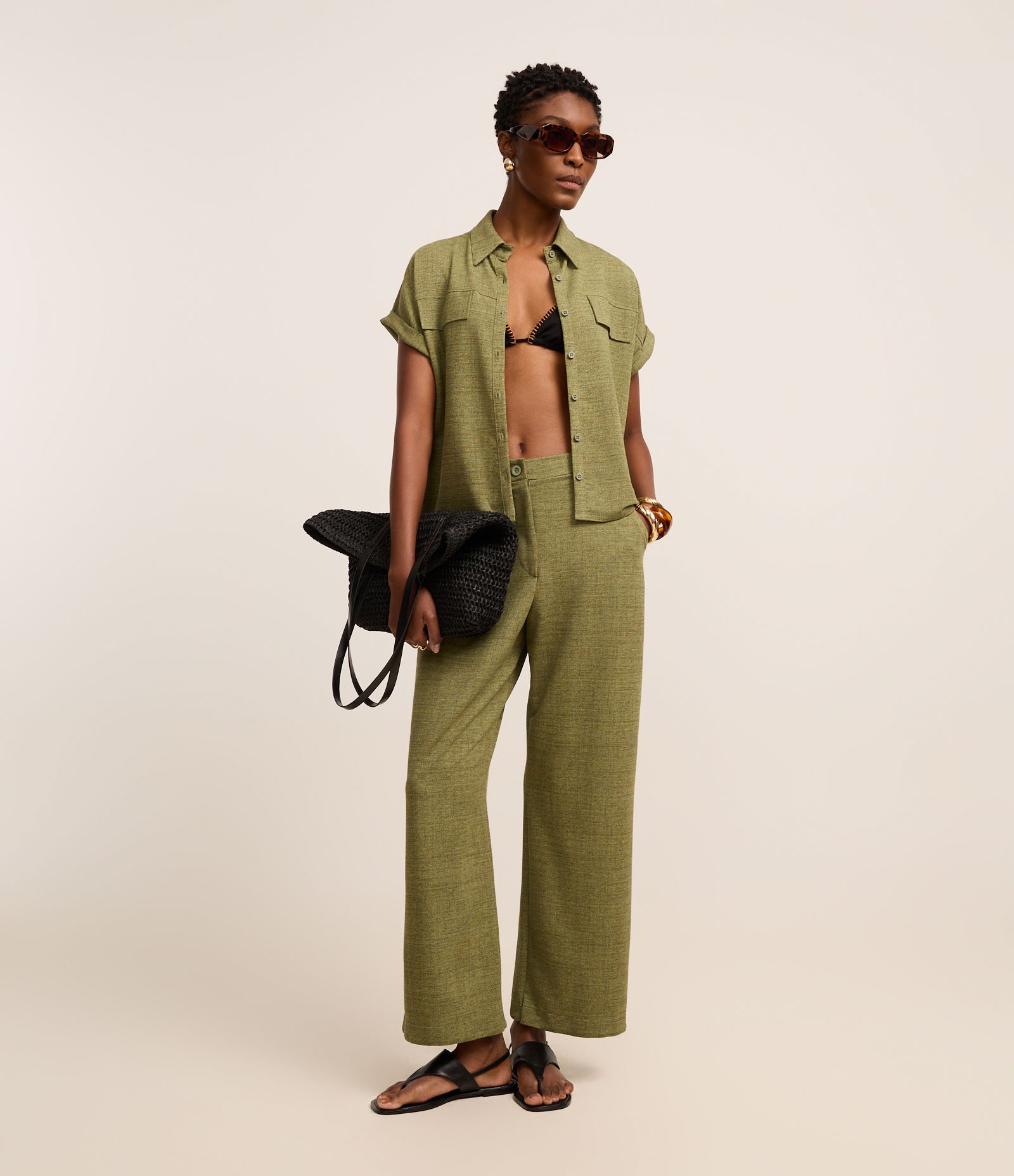 Calça em Orly com Fundo Mescla e Elástico no Cós Verde 1