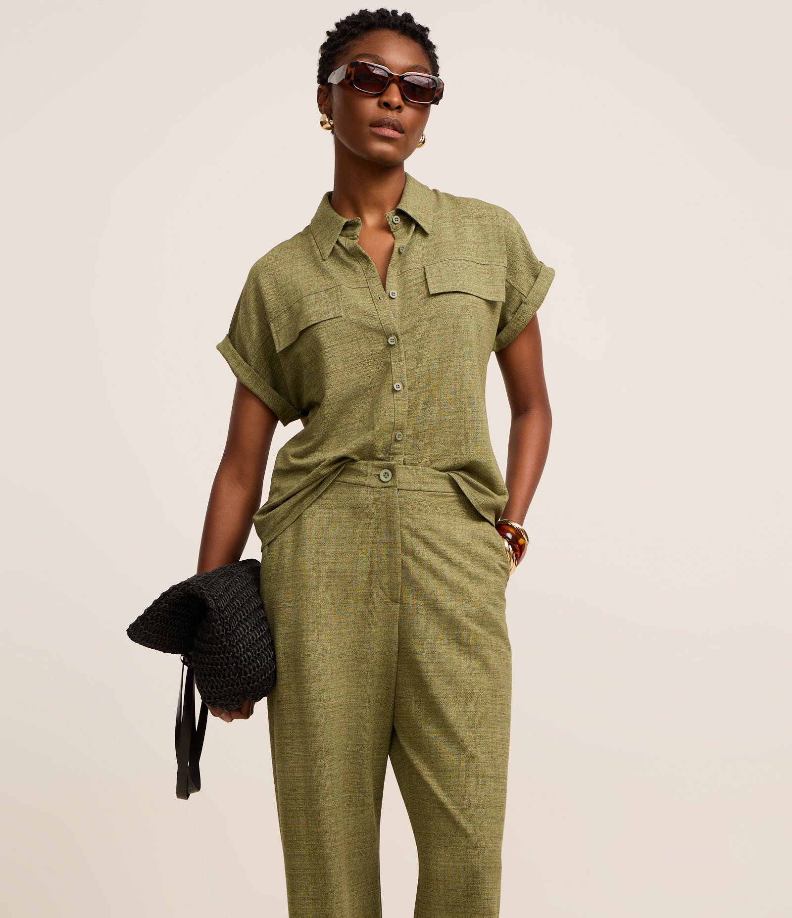 Calça em Orly com Fundo Mescla e Elástico no Cós Verde 2