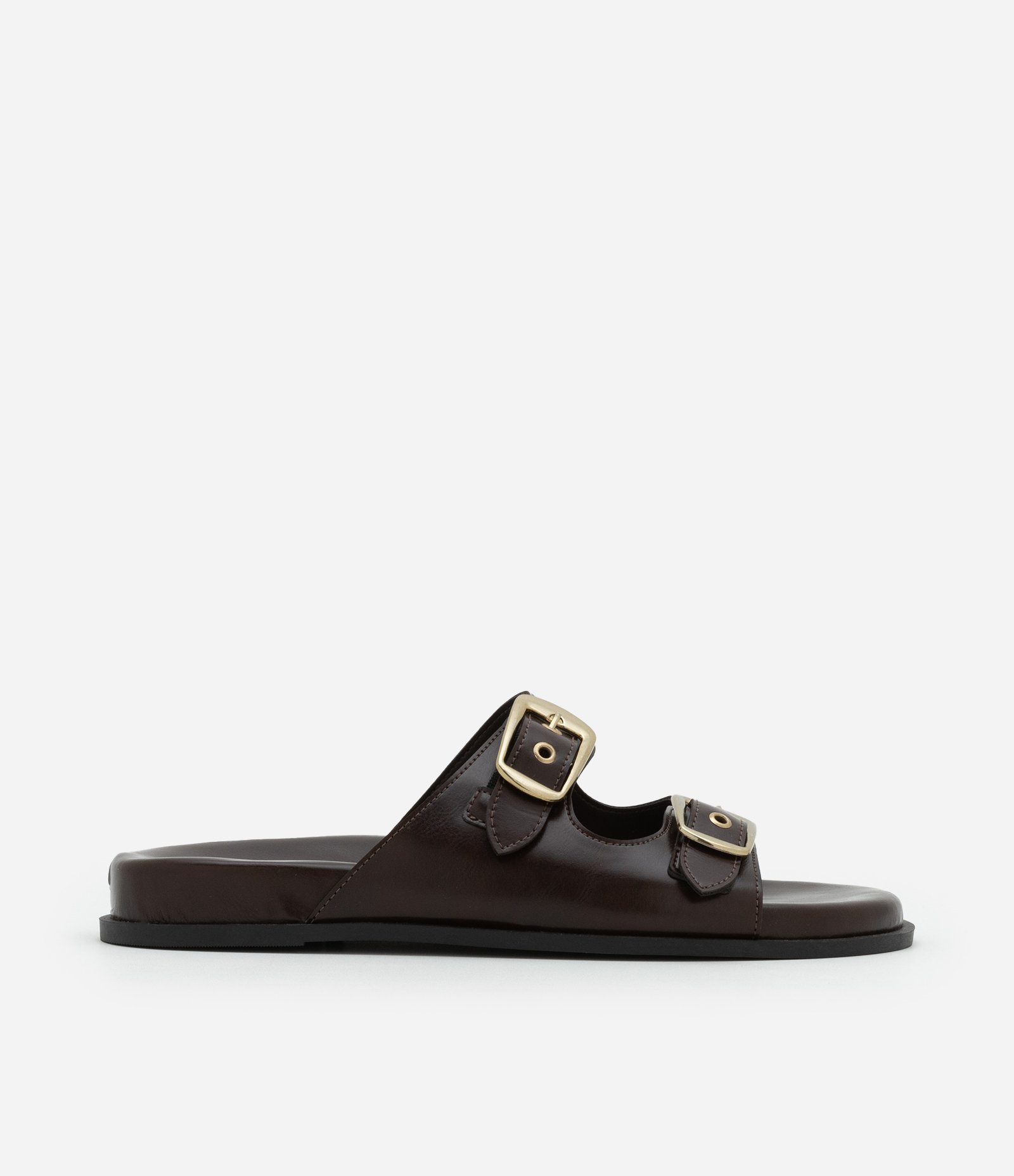 Sandália Rasteira Flat com Fivelas Marrom 1