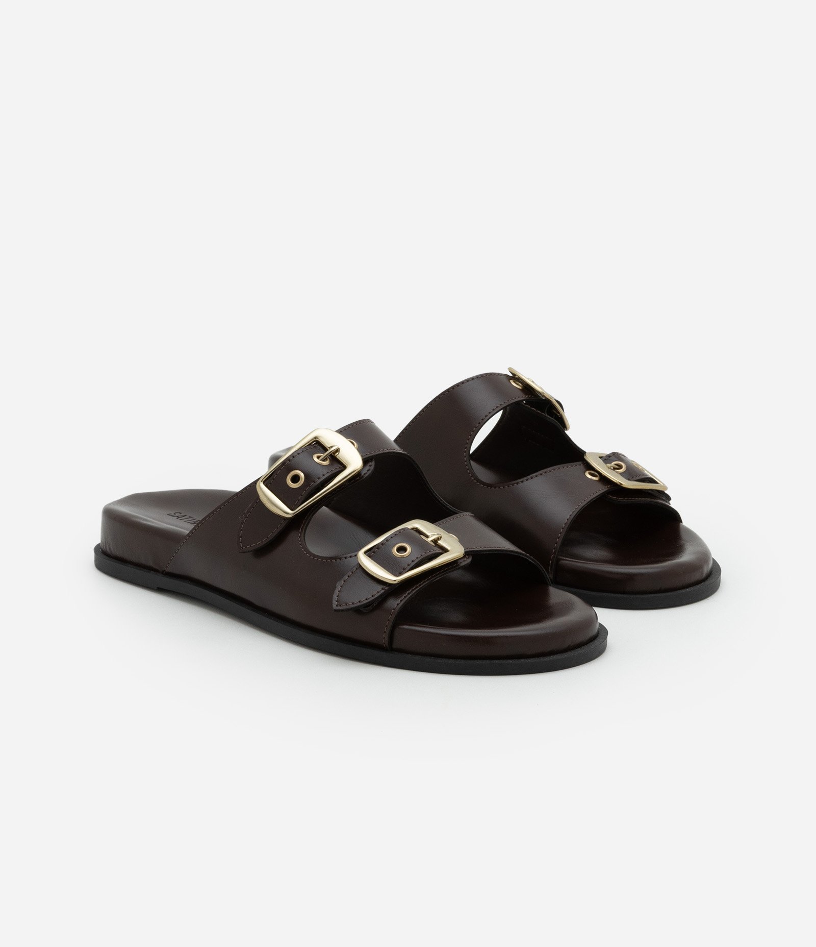 Sandália Rasteira Flat com Fivelas Marrom 2