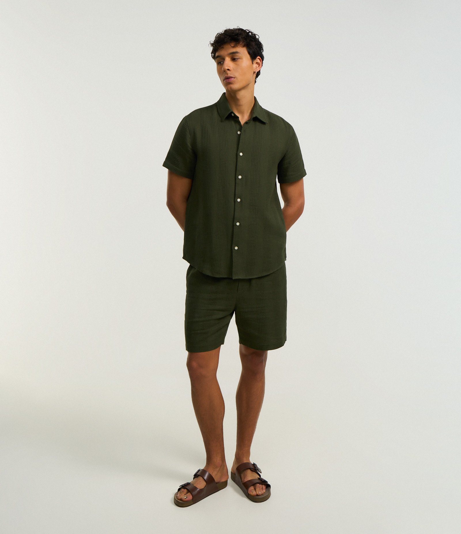 Camisa Regular em Algodão com Textura Quadriculada Vertical Verde 2