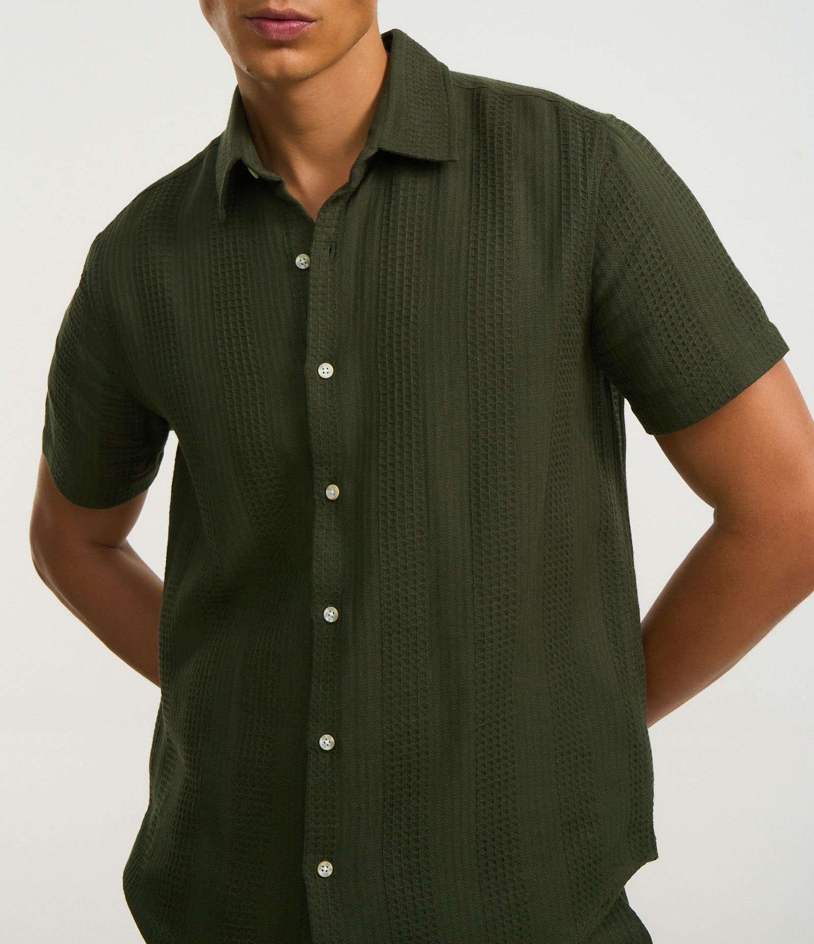 Camisa Regular em Algodão com Textura Quadriculada Vertical Verde 3