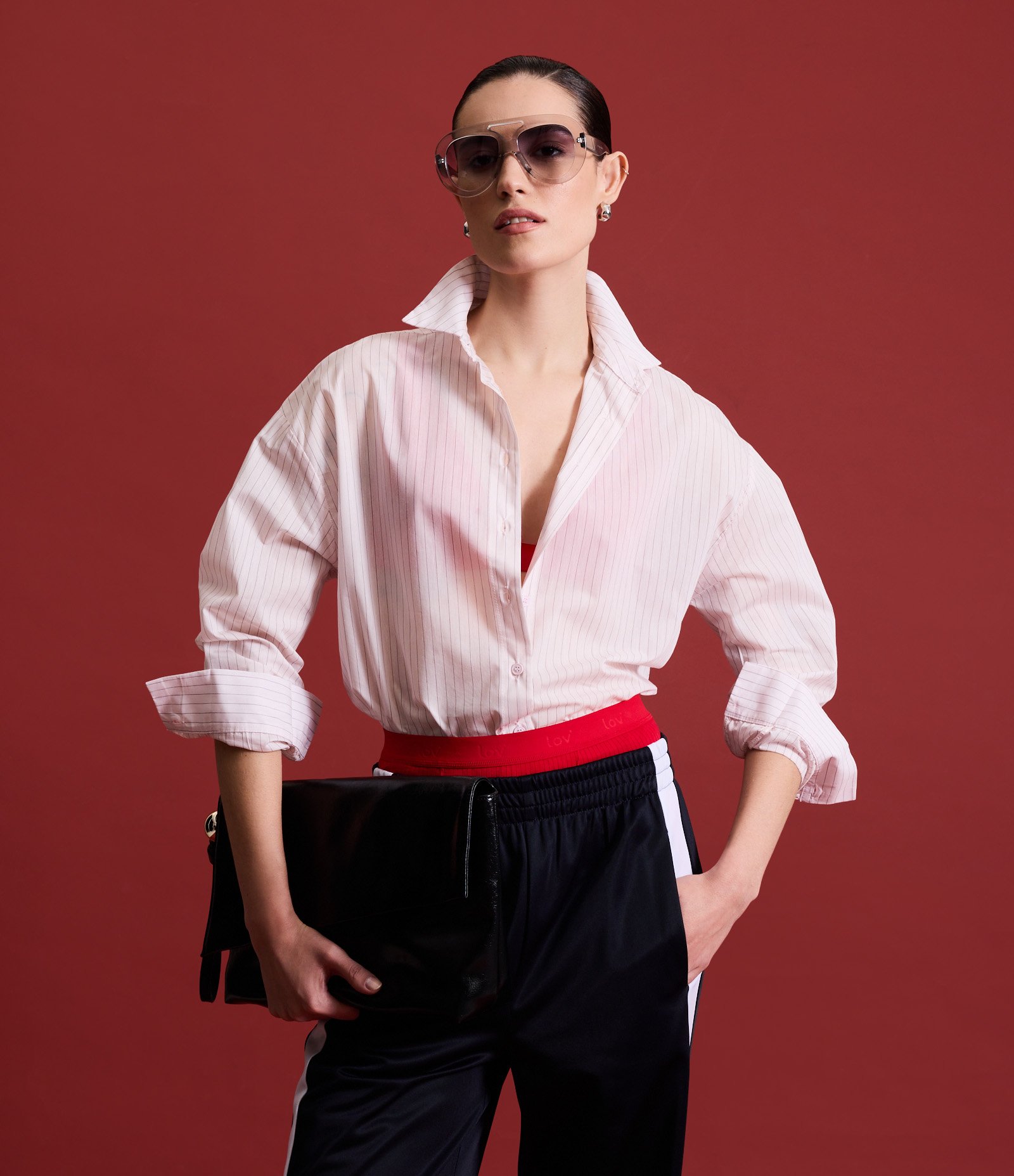 Camisa Oversized em Tricoline com Listras em Fio Tinto Rosa 1