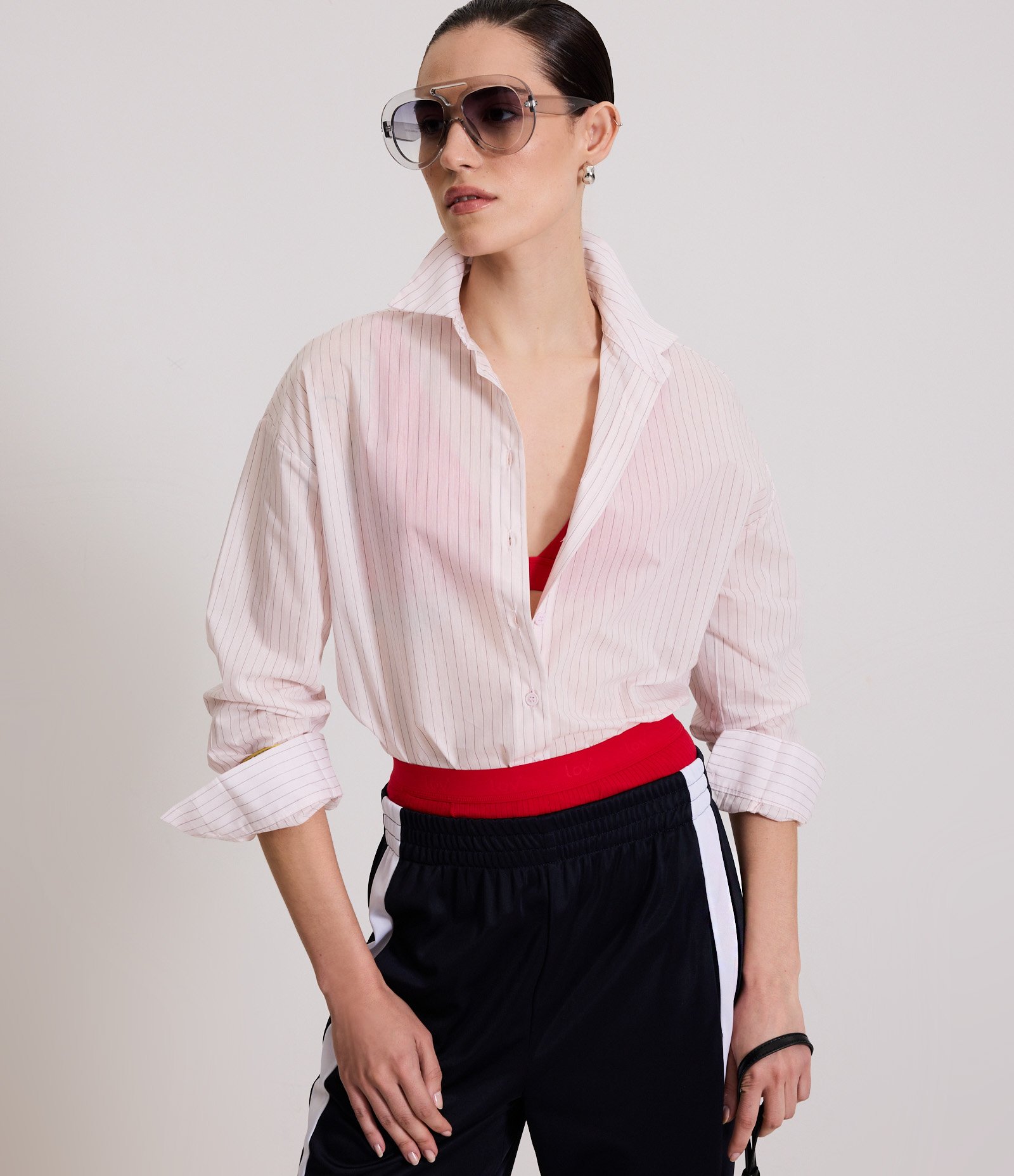 Camisa Oversized em Tricoline com Listras em Fio Tinto Rosa 4