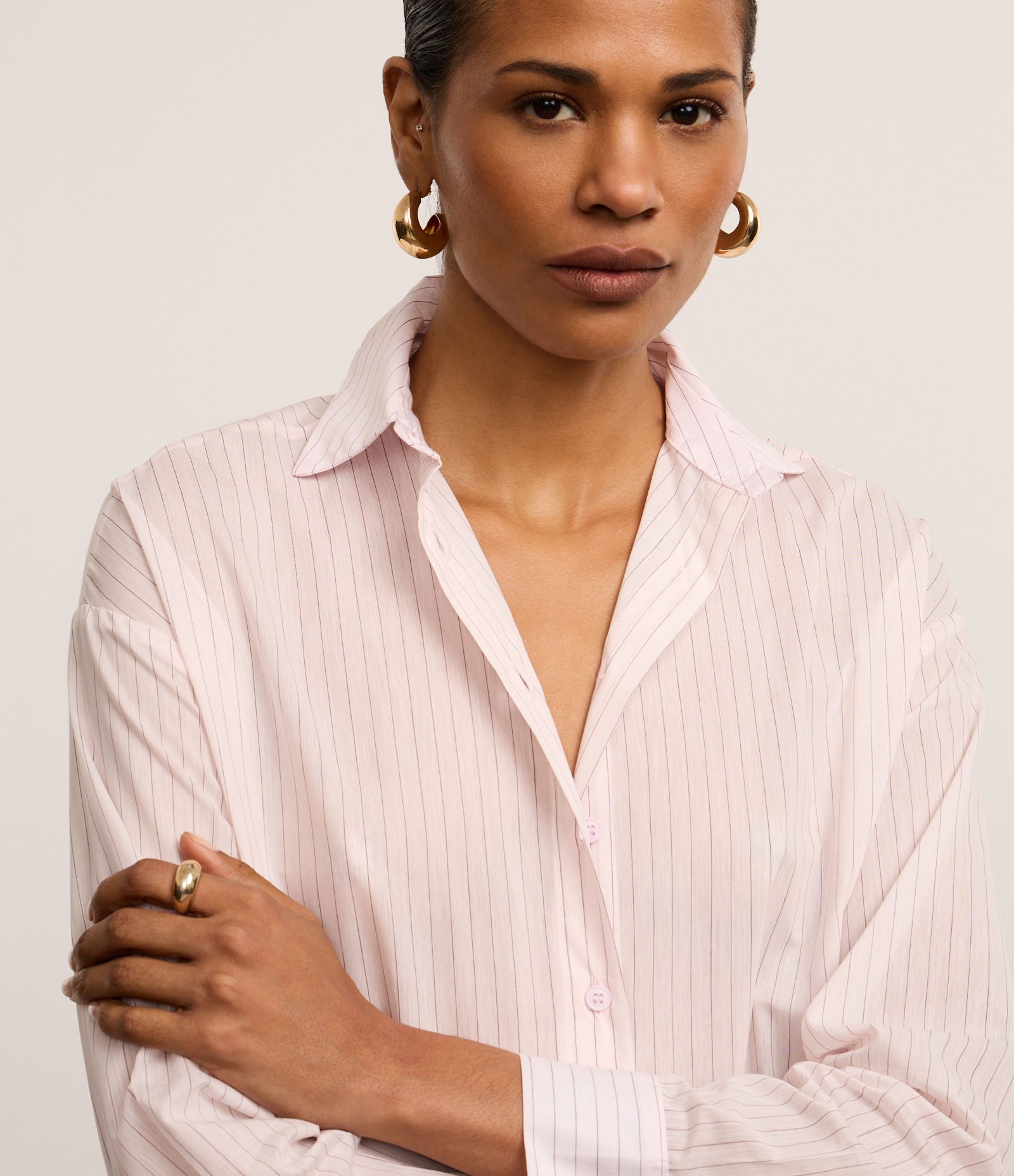 Camisa Oversized em Tricoline com Listras em Fio Tinto Rosa 5