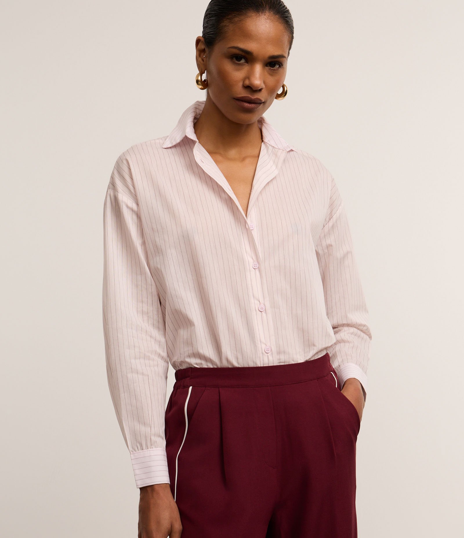 Camisa Oversized em Tricoline com Listras em Fio Tinto Rosa 6