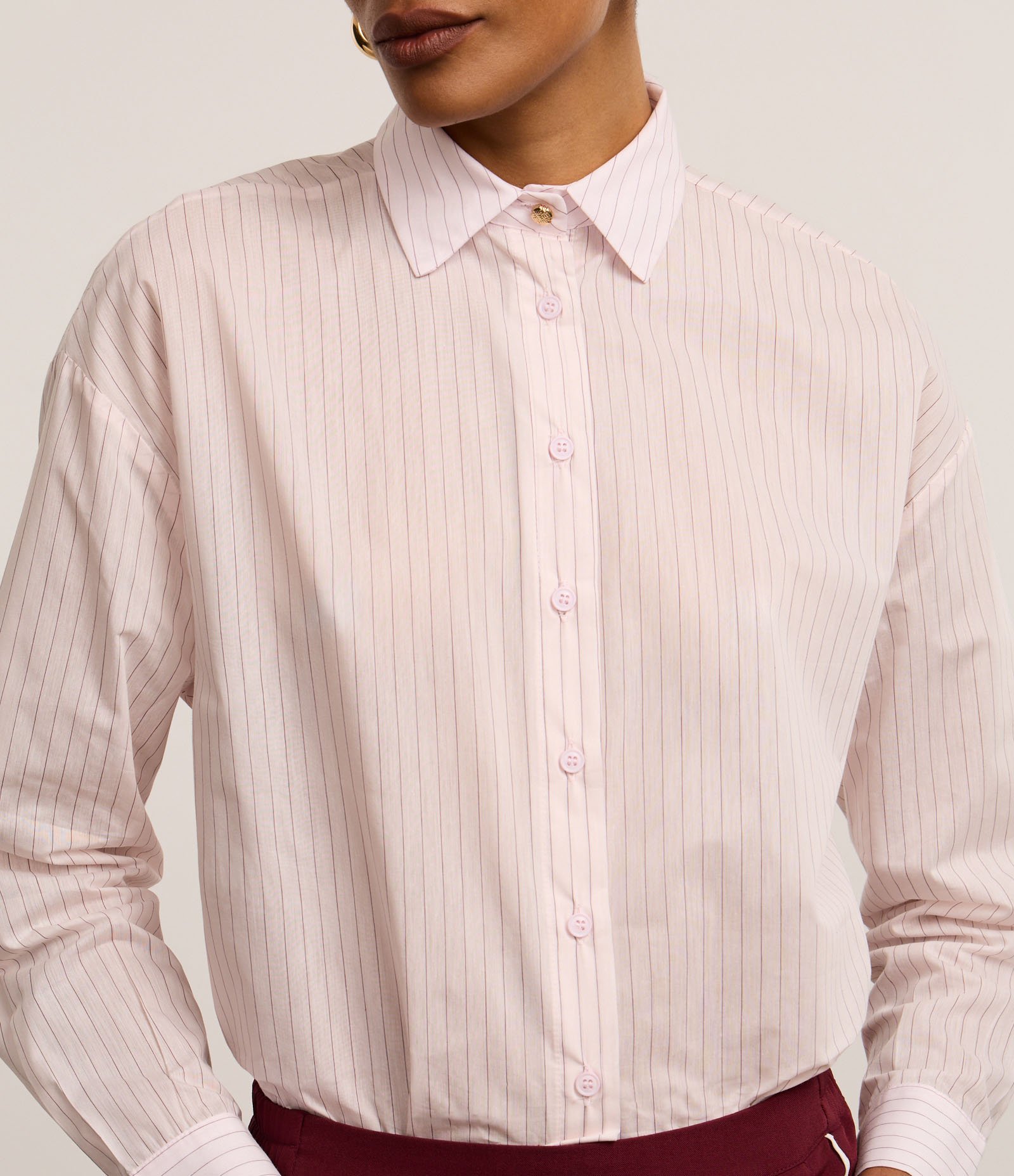 Camisa Oversized em Tricoline com Listras em Fio Tinto Rosa 8