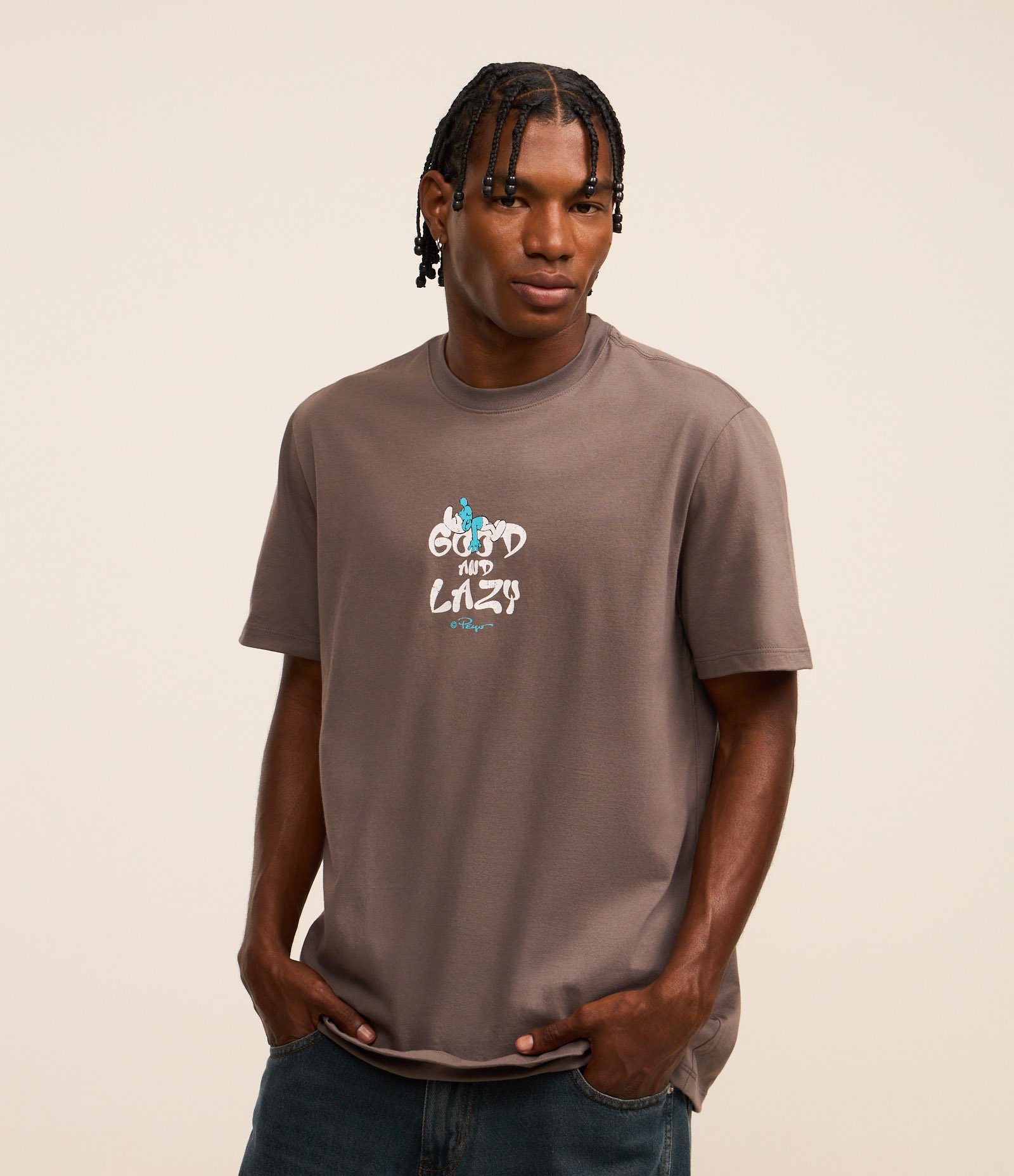 Camiseta Comfort em Algodão com Estampa dos Smurfs Cinza 1