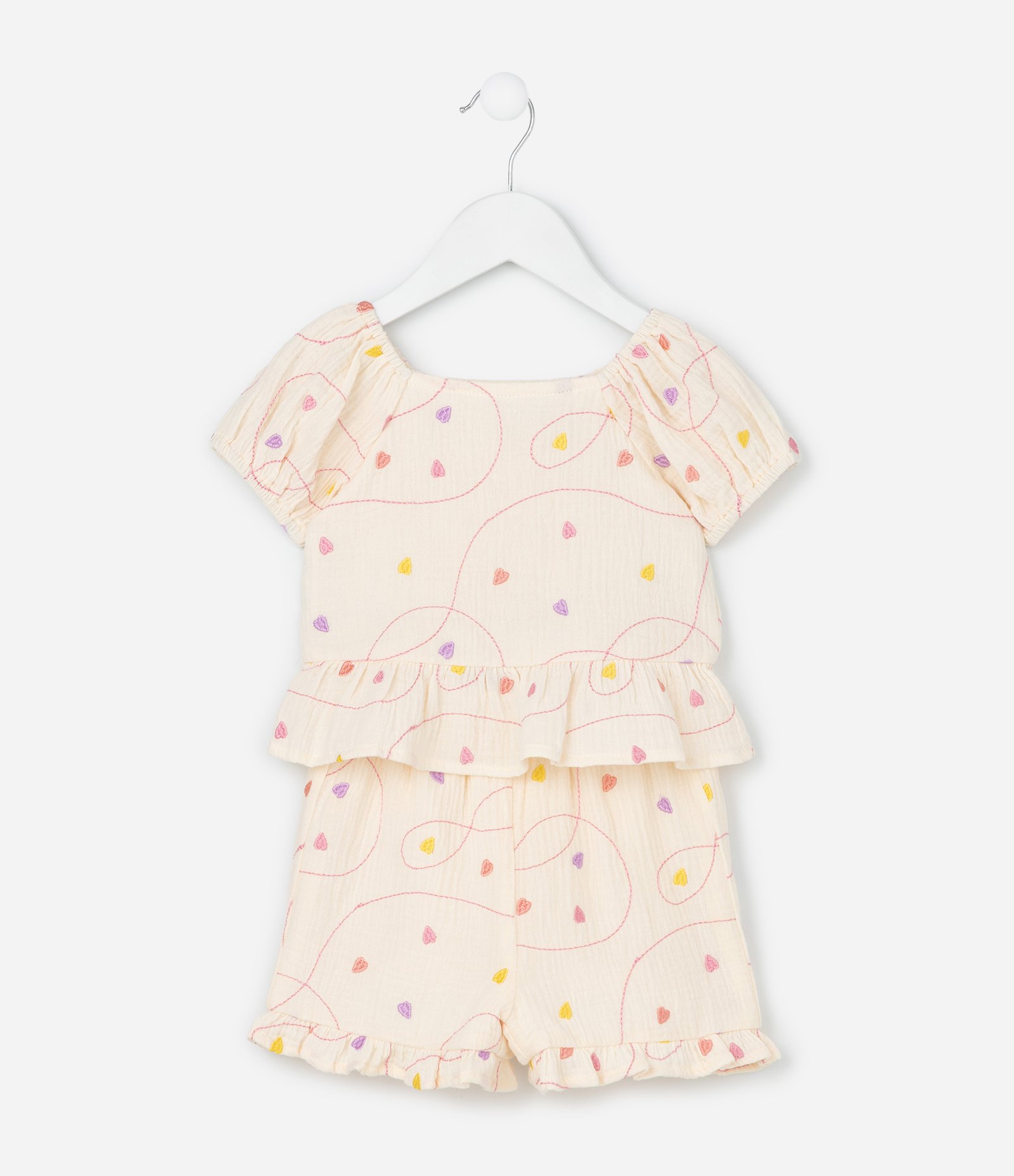 Conjunto Infantil em Tricoline com Estampa Bordada de Corações - Tam 1 a 6 Anos Bege 1