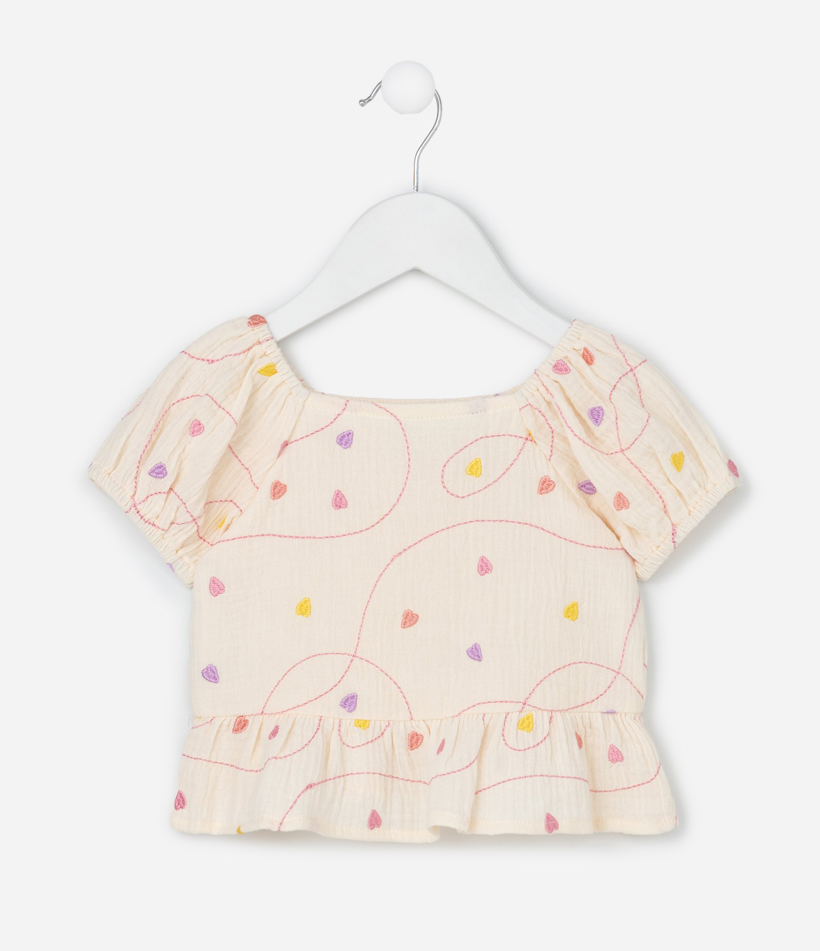 Conjunto Infantil em Tricoline com Estampa Bordada de Corações - Tam 1 a 6 Anos Bege 2