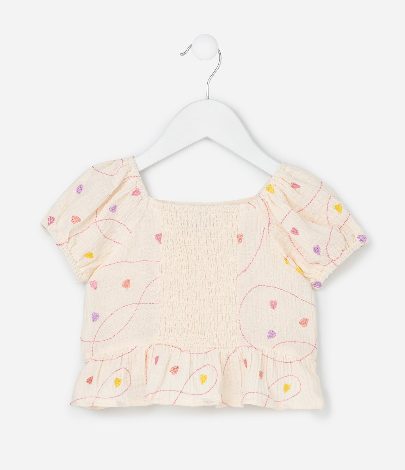 Conjunto Infantil em Tricoline com Estampa Bordada de Corações - Tam 1 a 6 Anos Bege 3