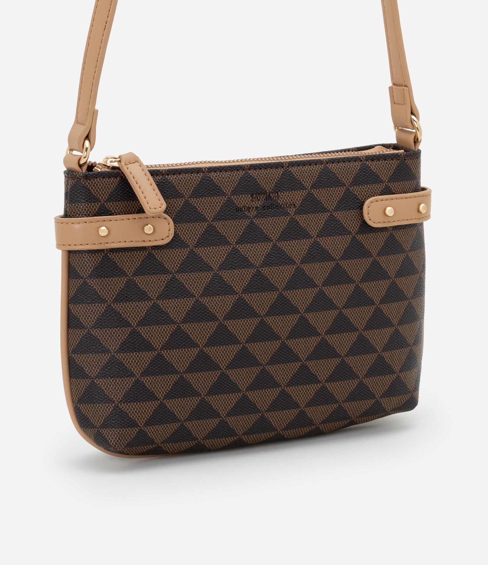 Bolsa Transversal Pequena com Estampa de Triângulo Marrom 1