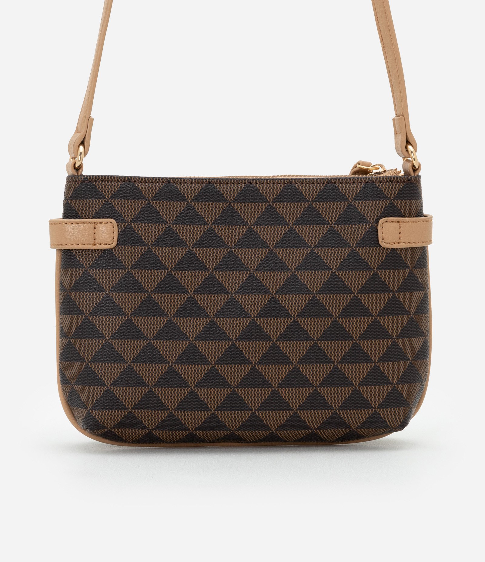 Bolsa Transversal Pequena com Estampa de Triângulo Marrom 3