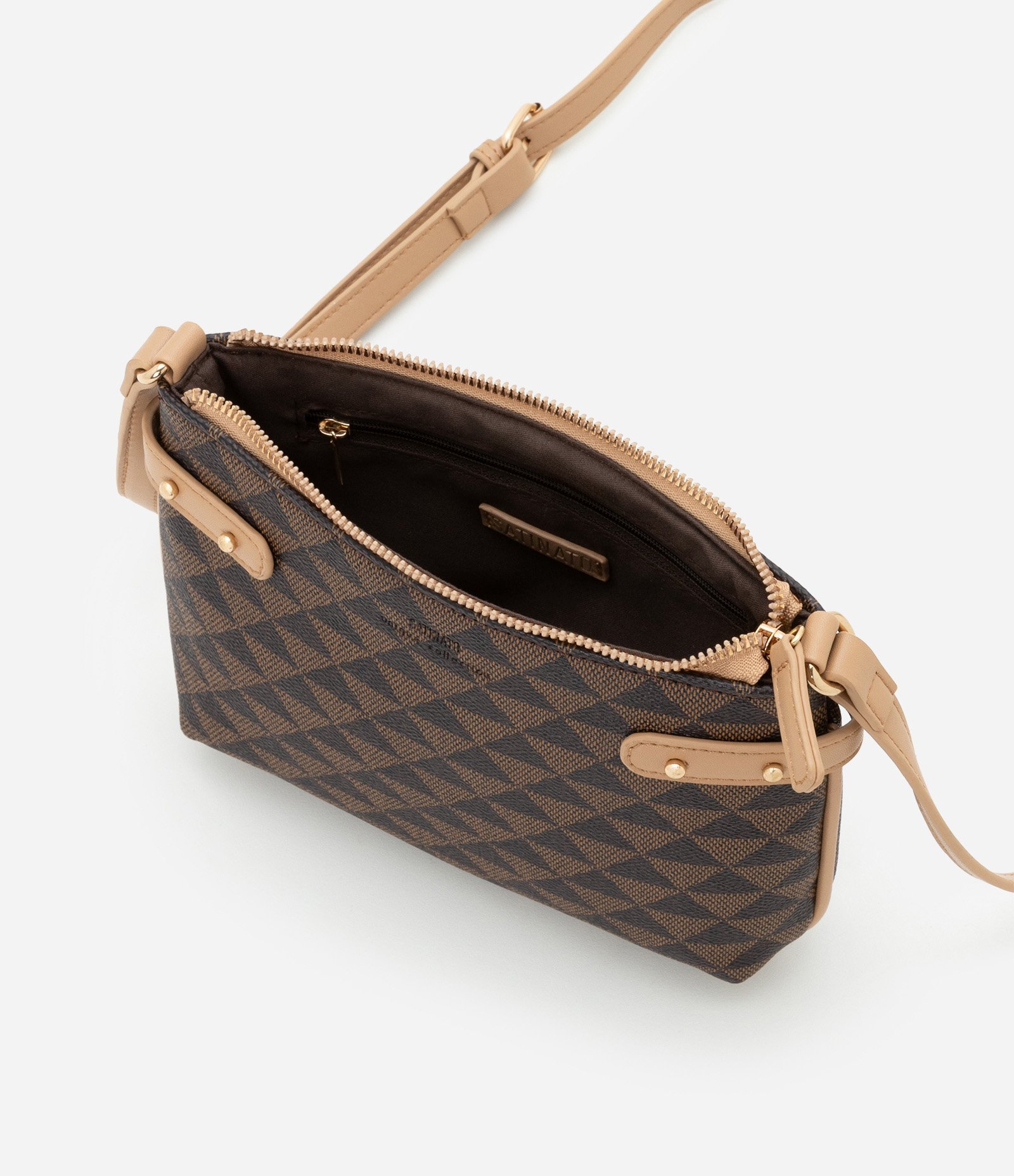 Bolsa Transversal Pequena com Estampa de Triângulo Marrom 5