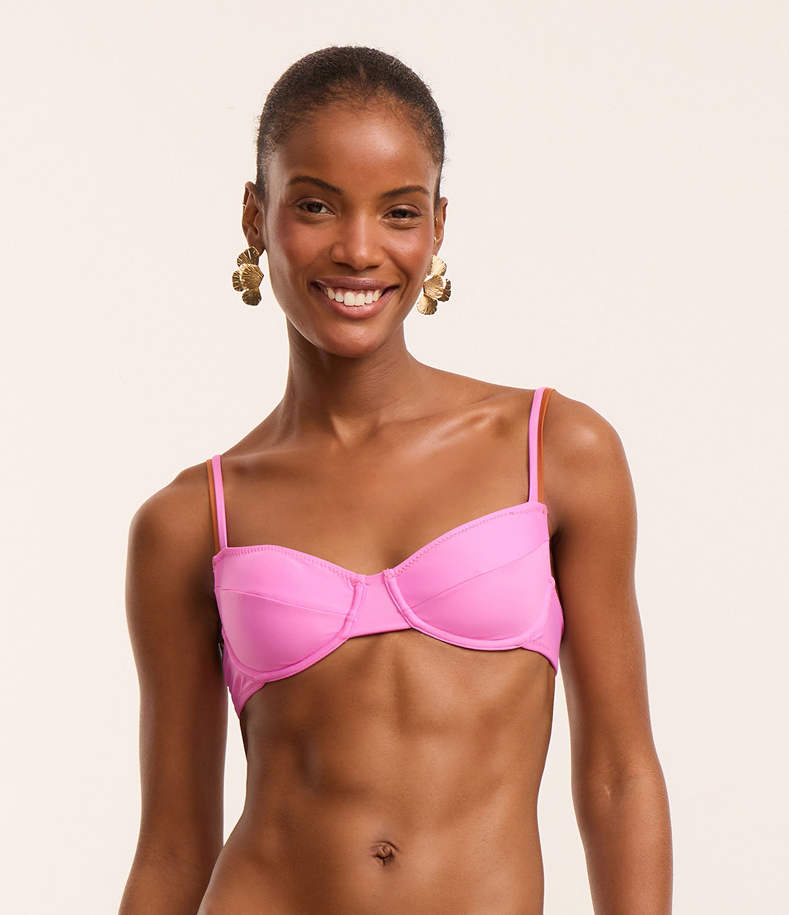 Biquíni Top Meia Taça com Alça Dupla e Costura em Fio Metalizado Rosa 1