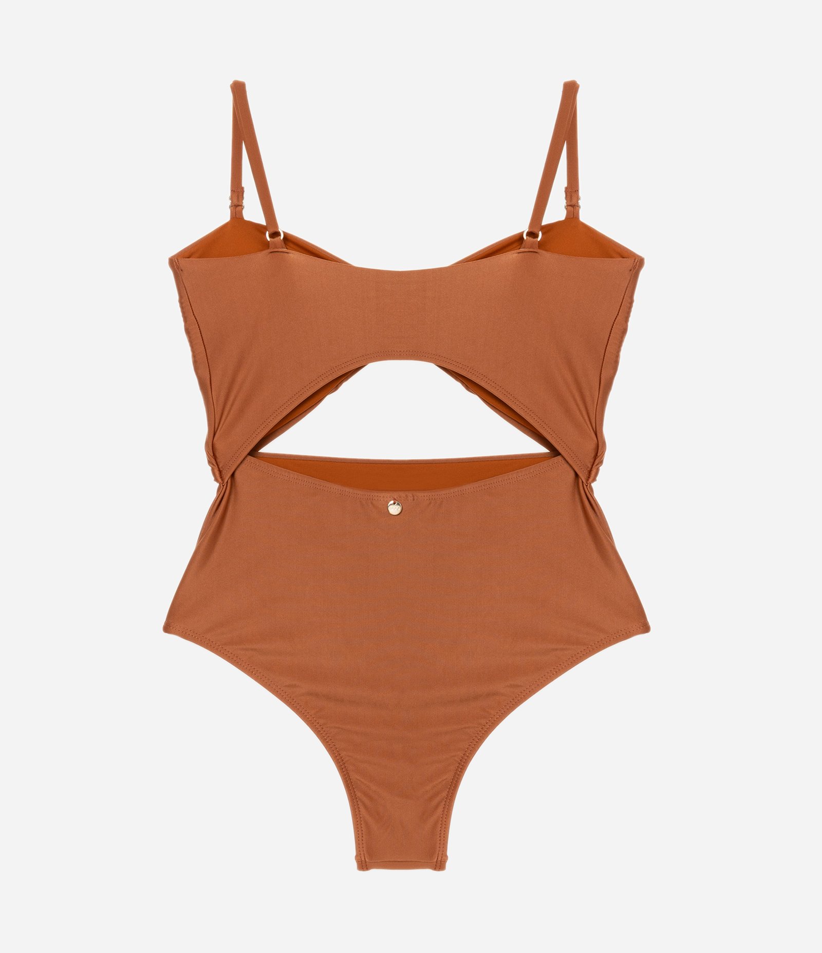 Maiô em Microfibra Metalizada com Aviamento no Busto e Recortes Marrom 5